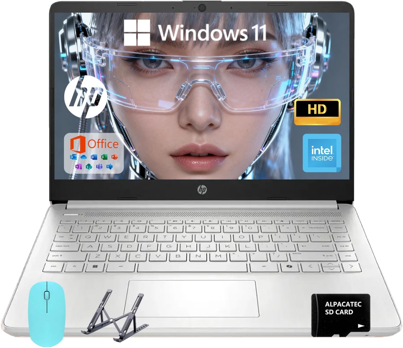 HP 14 Elite Laptop, 16GB RAM, 1.12TB Total Storage (128GB UFS+1TB Cloud), Natural Silver, Office 365, Intel 4-Core, Win11, Copilot AI, 11Hr Battery, Alpacatec Mouse