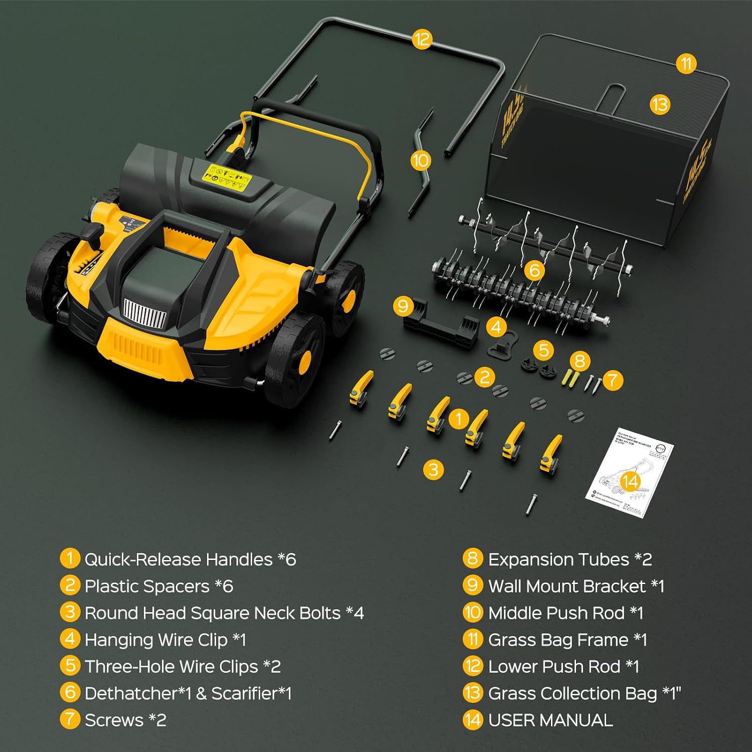 TIECTOWN 2026 Upgrade 16-Inch 15.5 Amp 2-in-1 Electric Dethatcher and Scarifier with 14.5-Gallon Collection Bag, Lawn Dethatcher with 5-Position Depth Adjustment, Keeps Lawn Healthy - Yellow