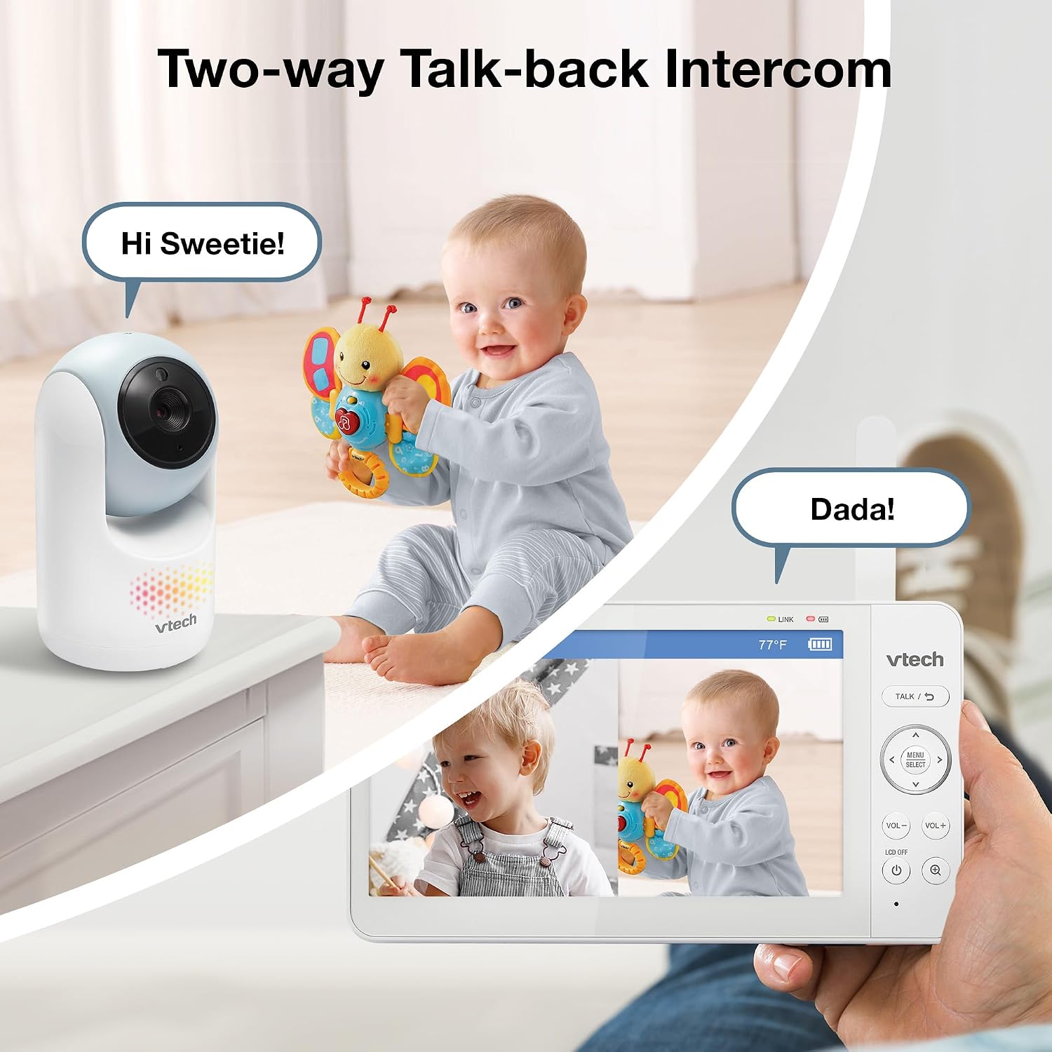 VTech 2-Cameras Video Baby Monitor with 7' Color LCD Screen, Rechargeable Battery, Video and Audio Streaming, Pan-Tilt-Zoom, Touch Multi-Color Night Light, Two-Way Talk: Advanced Max Twin (Blue)