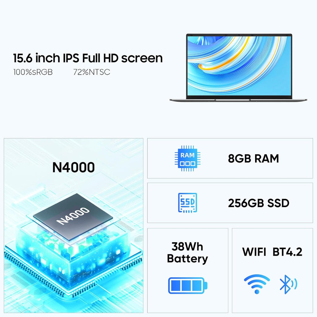 EYY 15.6' Laptop Computer, Win 11 Laptops with 8GB RAM 256GB SSD, Celeron N4000 Processor, 100% sRGB Screen, for Business, Student & Everyday Tasks, 5000mAh Battery, Dual Band WiFi