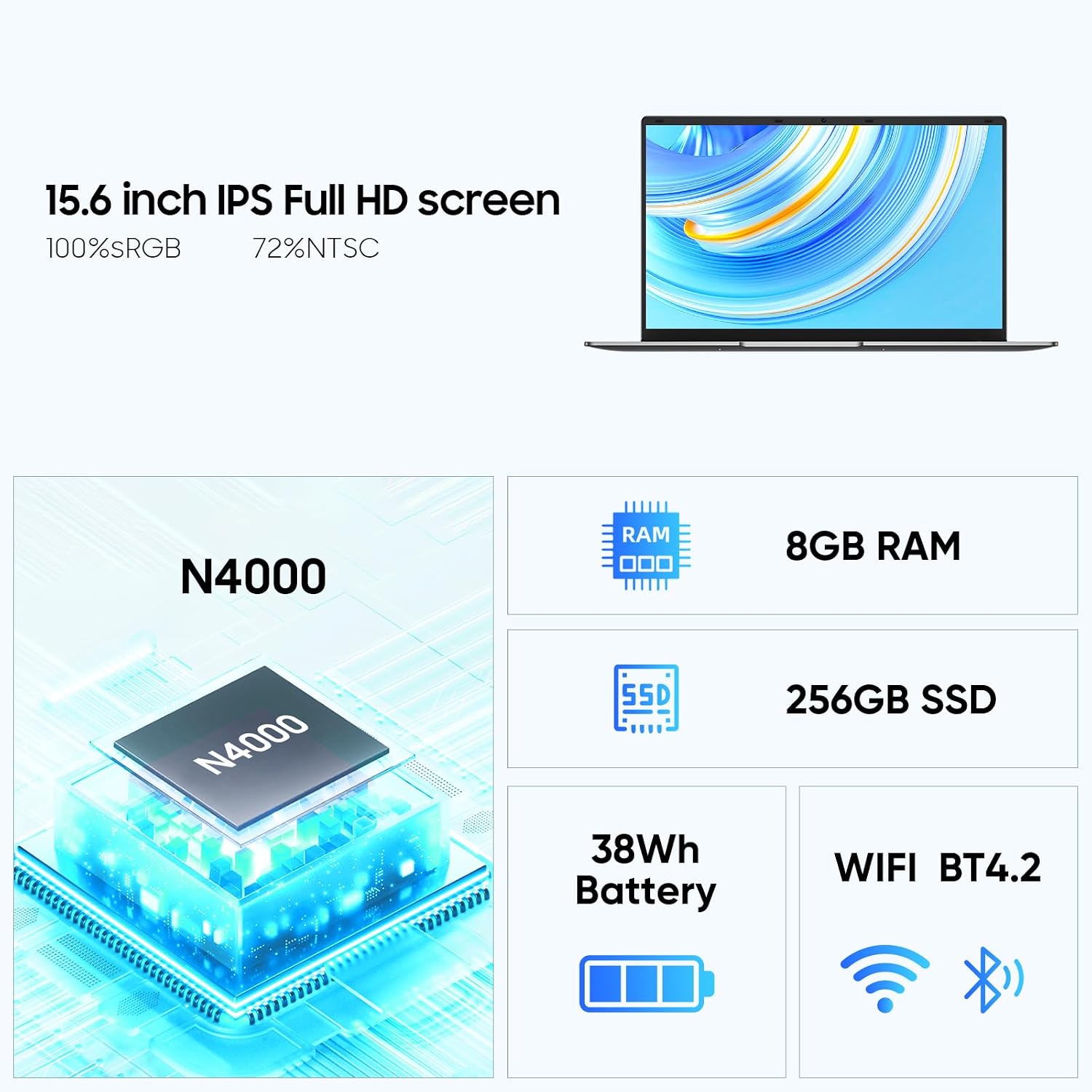 EYY 15.6' Laptop Computer, Win 11 Laptops with 8GB RAM 256GB SSD, Celeron N4000 Processor, 100% sRGB Screen, for Business, Student & Everyday Tasks, 5000mAh Battery, Dual Band WiFi