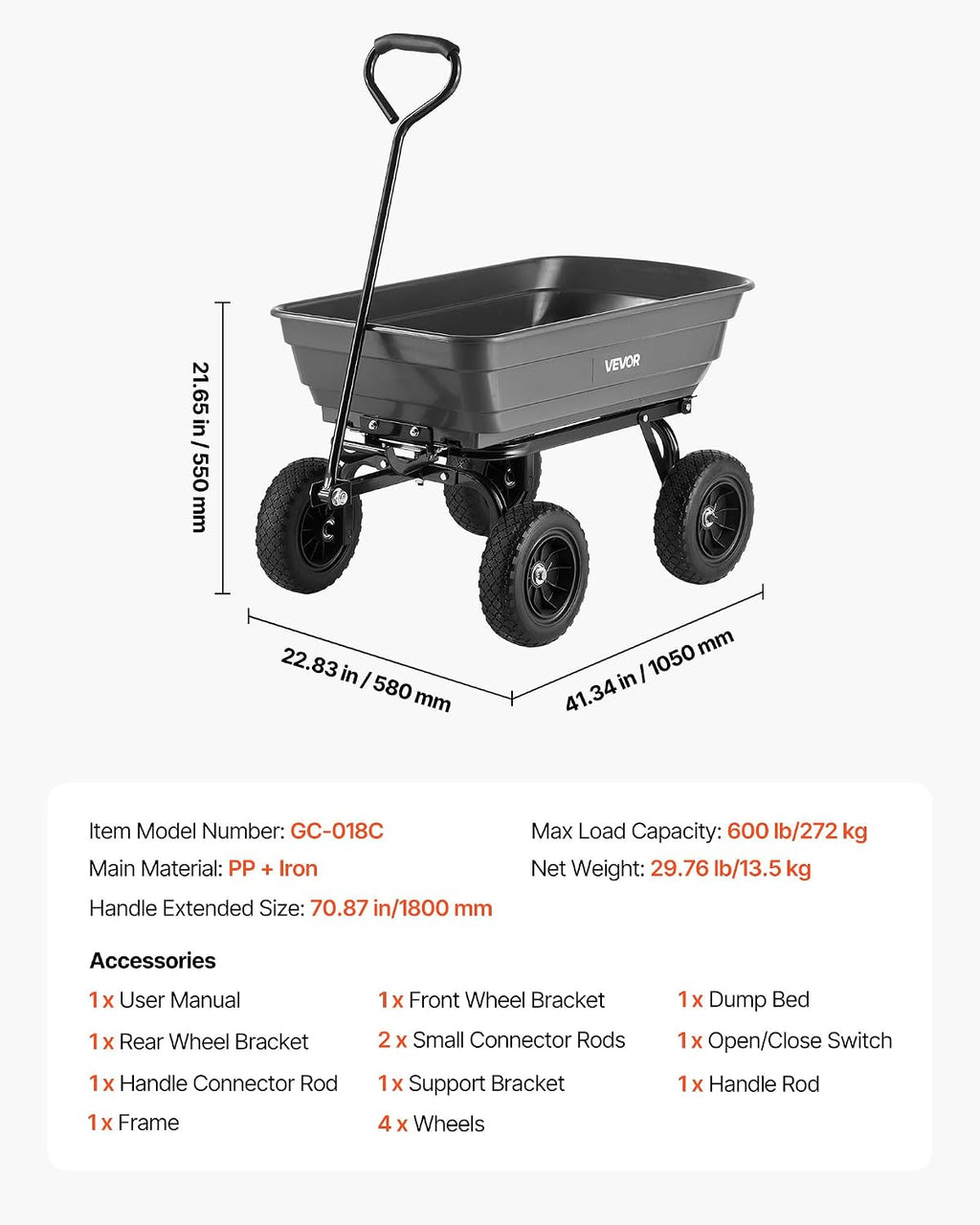 VEVOR 4 Cu.Ft 600LBS Poly Garden Cart Dump Wagon, 4 Wheel Heavy Duty Wheelbarrow with 10' Flat Free Tires, Yard Cart Dump Wagon with Quick-Release System