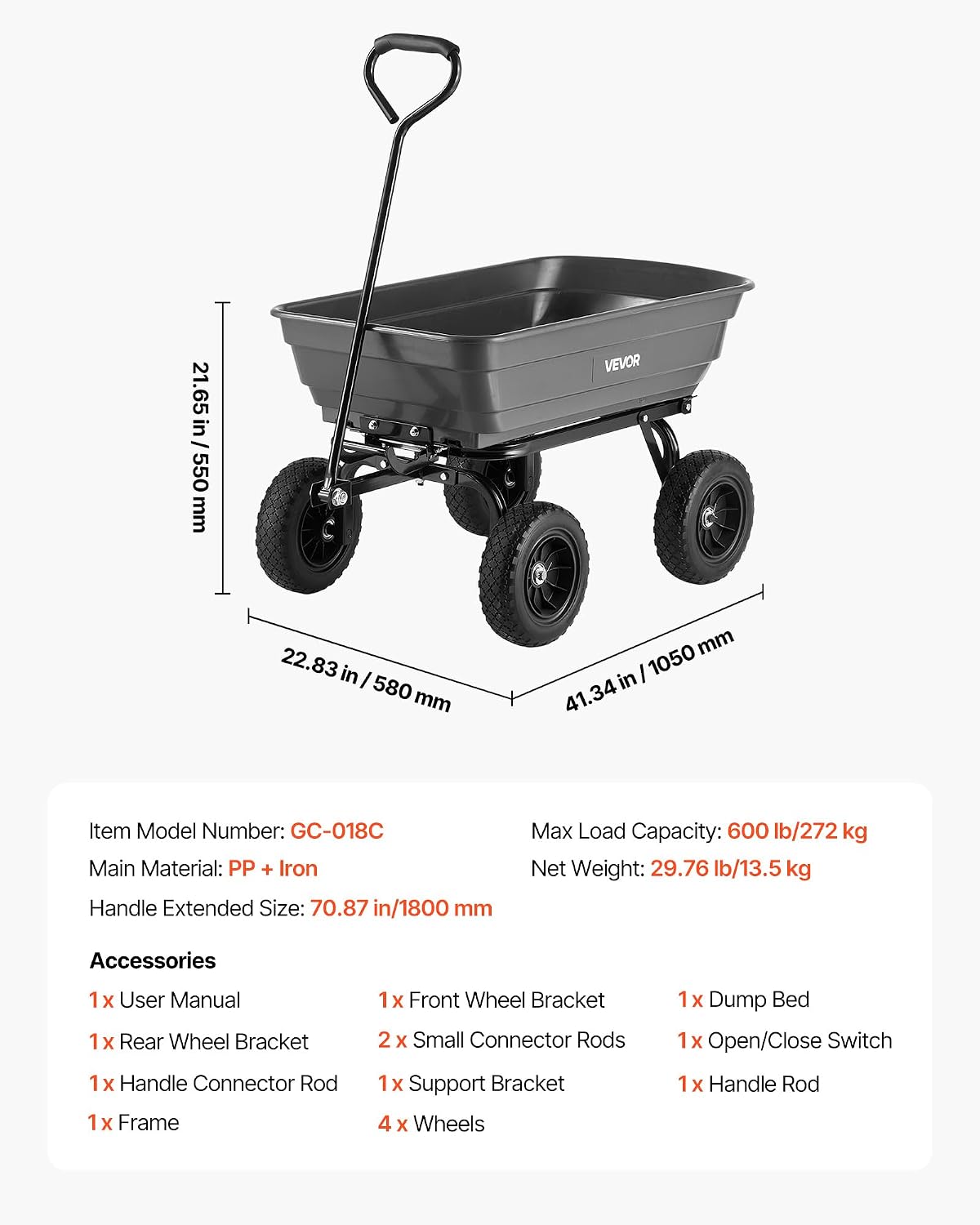 VEVOR 4 Cu.Ft 600LBS Poly Garden Cart Dump Wagon, 4 Wheel Heavy Duty Wheelbarrow with 10' Flat Free Tires, Yard Cart Dump Wagon with Quick-Release System