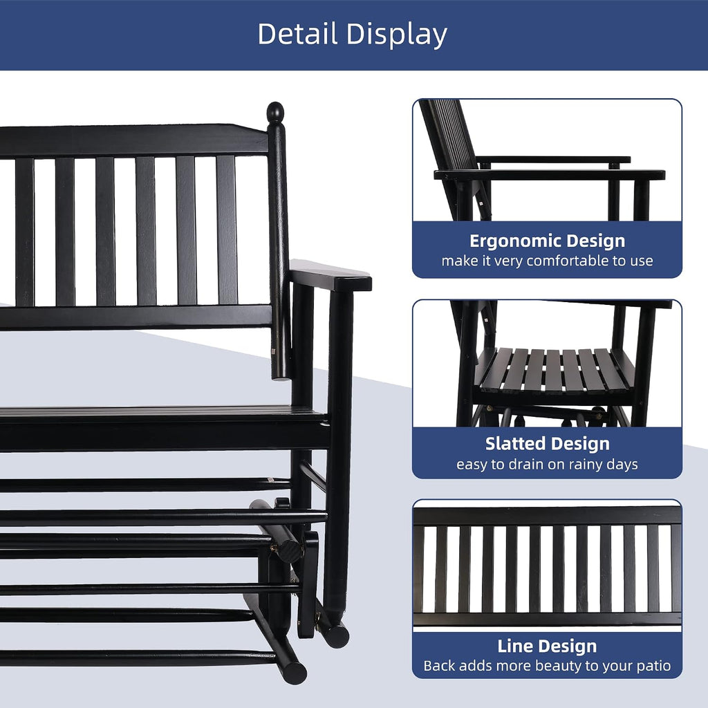 LUCKYERMORE Patio Glider Bench for Outside, Porch Swing Chair Outdoor Rocking Bench, 400 LBS Capacity, Wooden 2-Person Glider for Backyard, Poolside, Garden, Black