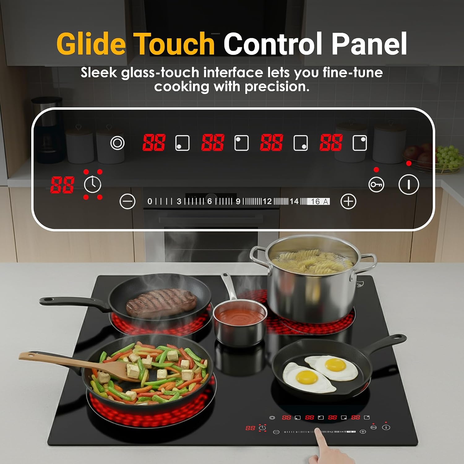 K&H 4 Burner Electric Cooktop - 24 Inch Built-In Radiant Ceramic Stove Top - 17 Power Levels & Touch Control, Compatible with All Cookware, 240V, 7200W High-Power Built-in Electric Stove, CE24-7206SL