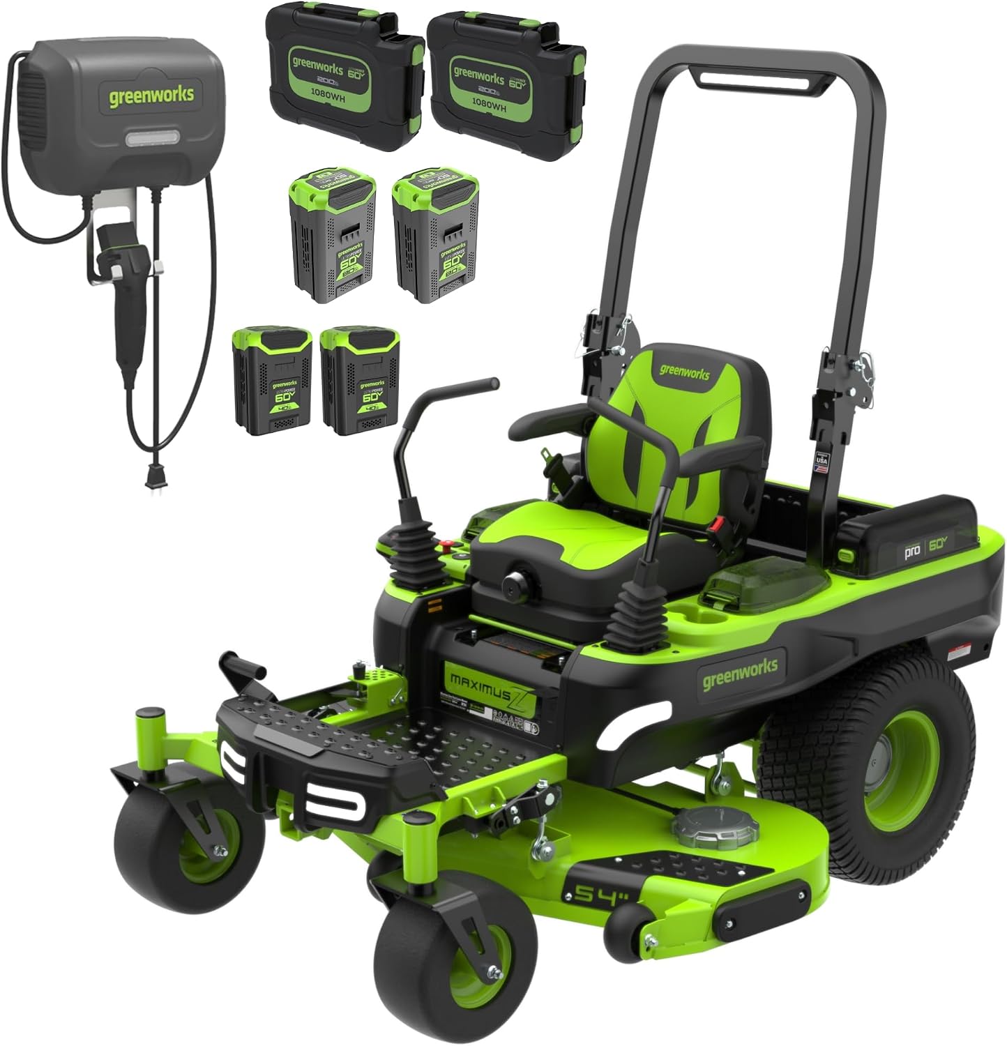 Greenworks 60V 54' Zero Turn,(2) 20.0Ah+(2) 8.0Ah+(2) 4.0Ah Batteries+Wall Charger