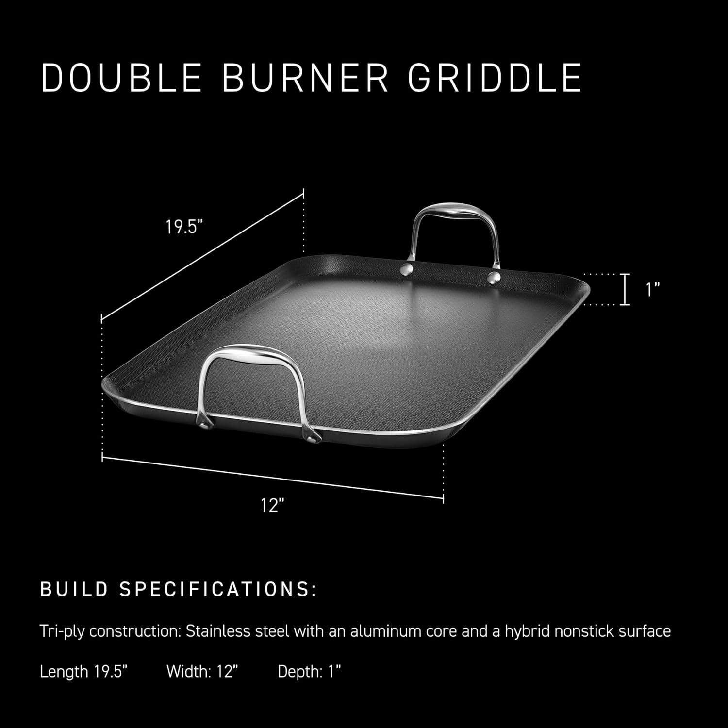 HexClad Hybrid Nonstick Double Burner Griddle, Stay-Cool Handles, Dishwasher-Friendly, Oven-Safe Up to 900°F, Induction Ready, Compatible with All Cooktops