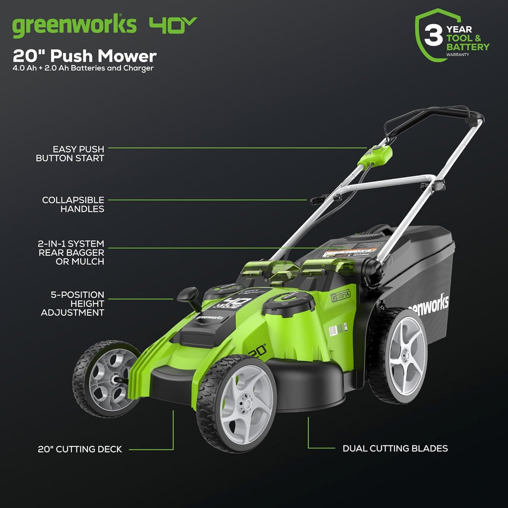 Greenworks 40V 20' Twin Blade Mower, 4.0Ah + 2.0Ah Battery