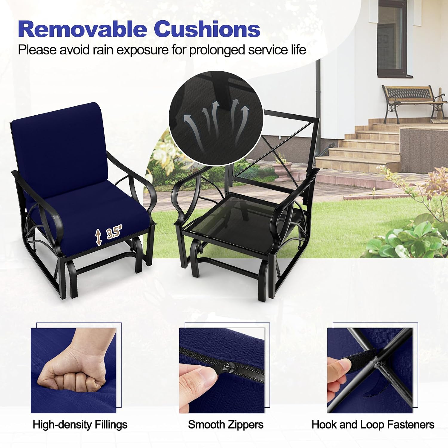 Tangkula Outdoor Patio Glider, Metal Framed Gliding Chair with Cushion, Ergonomic Single-Person Outdoor Patio Chair with Curved Armrest, Smooth Rocking Arms for Porch, Patio (2)