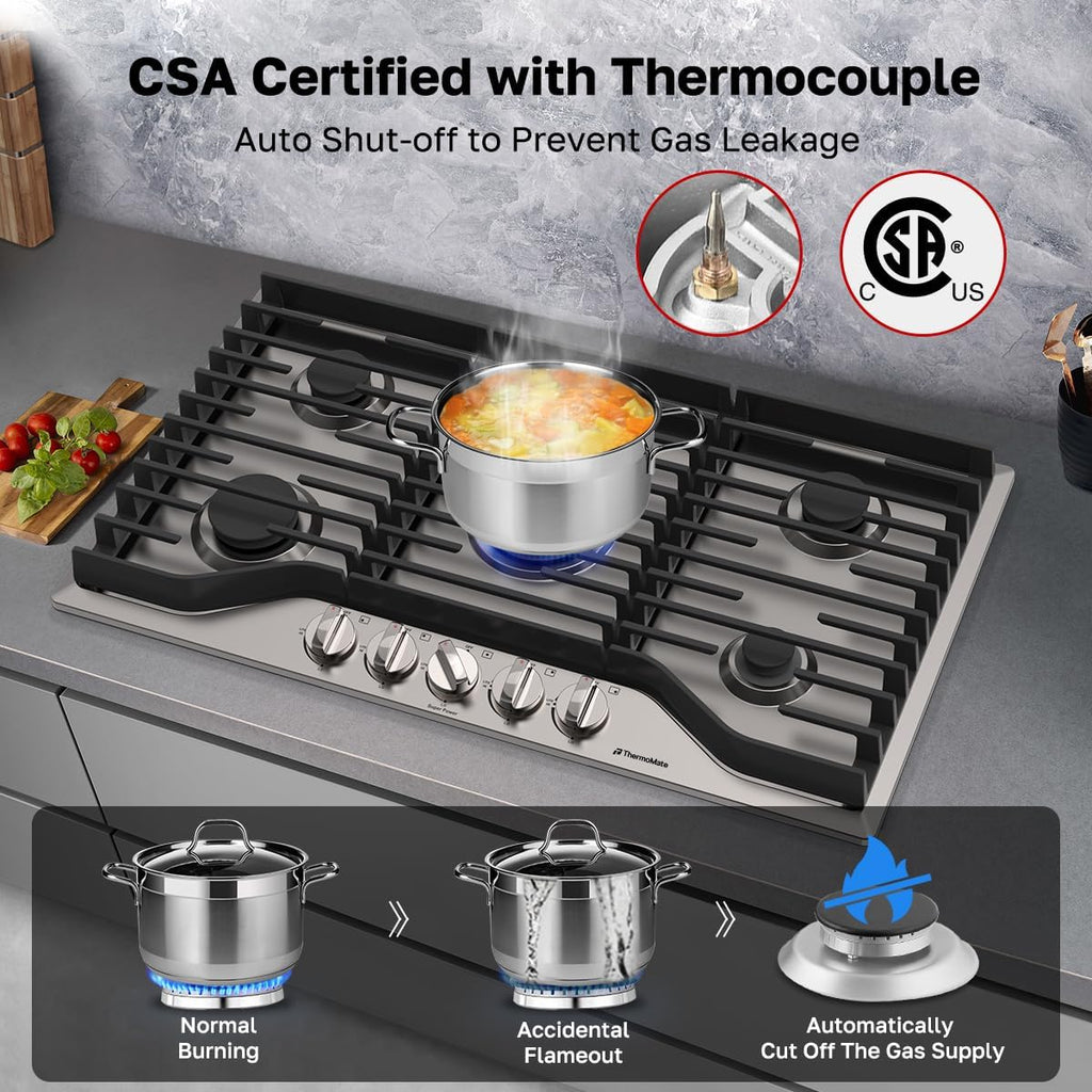 ThermoMate Heavy 36 Inch Gas Cooktop with 5 Italy Sabaf Power Burners, Built In Stove Top of 304 Stainless Steel, Gas Hob NG/LPG Convertible, Cooker with Thermocouple Protection CSA Certified