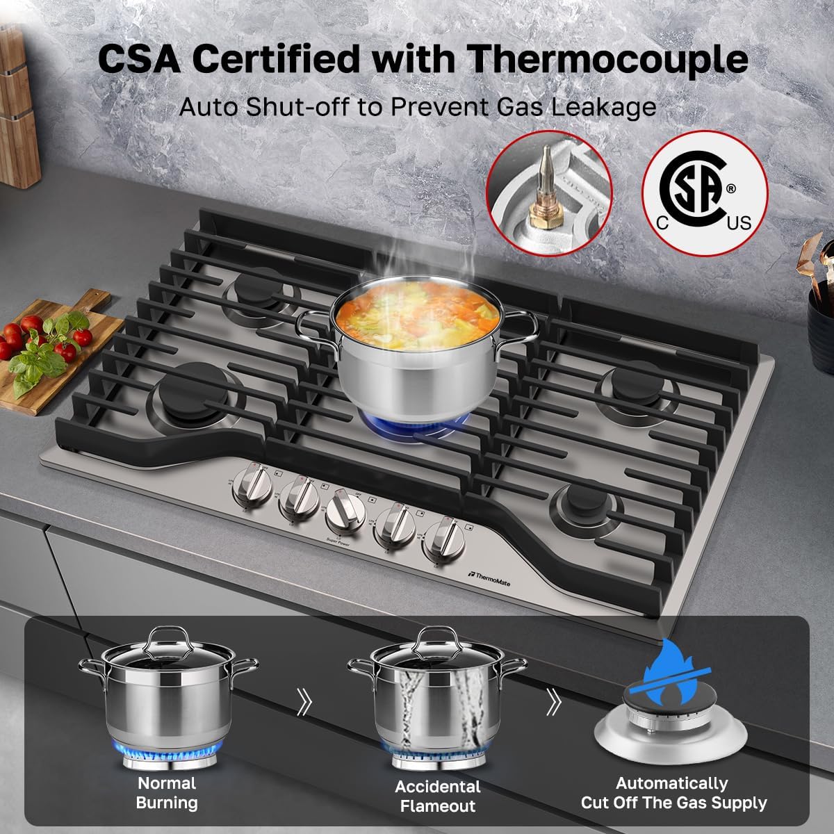 ThermoMate Heavy 36 Inch Gas Cooktop with 5 Italy Sabaf Power Burners, Built In Stove Top of 304 Stainless Steel, Gas Hob NG/LPG Convertible, Cooker with Thermocouple Protection CSA Certified