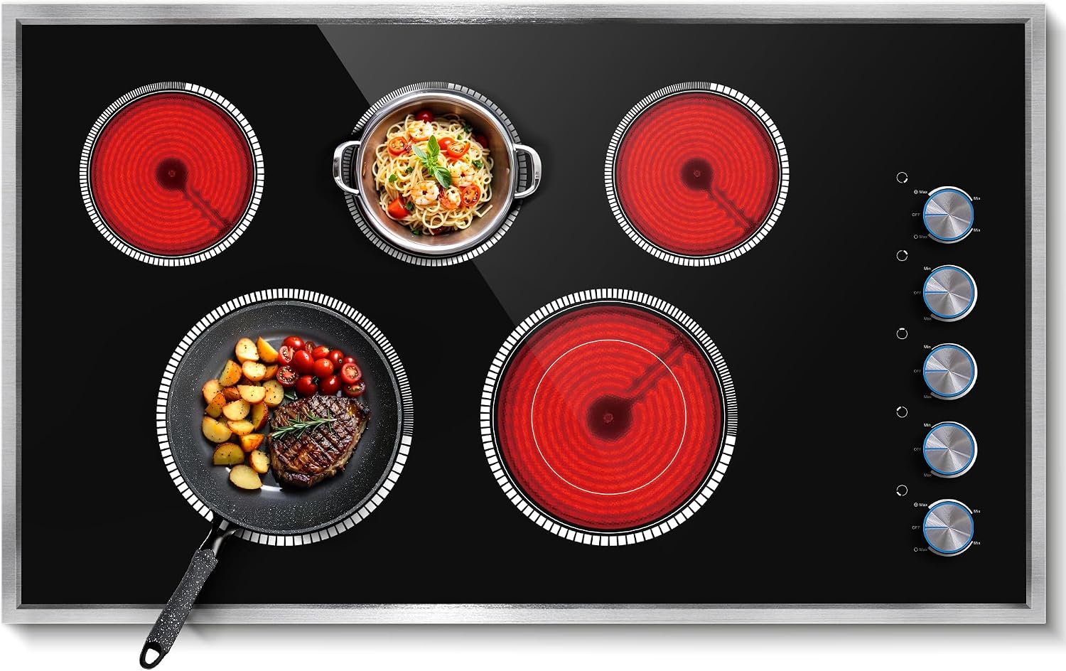36 Inch Electric Cooktop, 5 Burner Electric Stove Top 8400W, 36' Ceramic Stove with Knob Control, Over-Temperature Protection, Dual Ring Zone, 220-240V Hard Wired (No Plug)