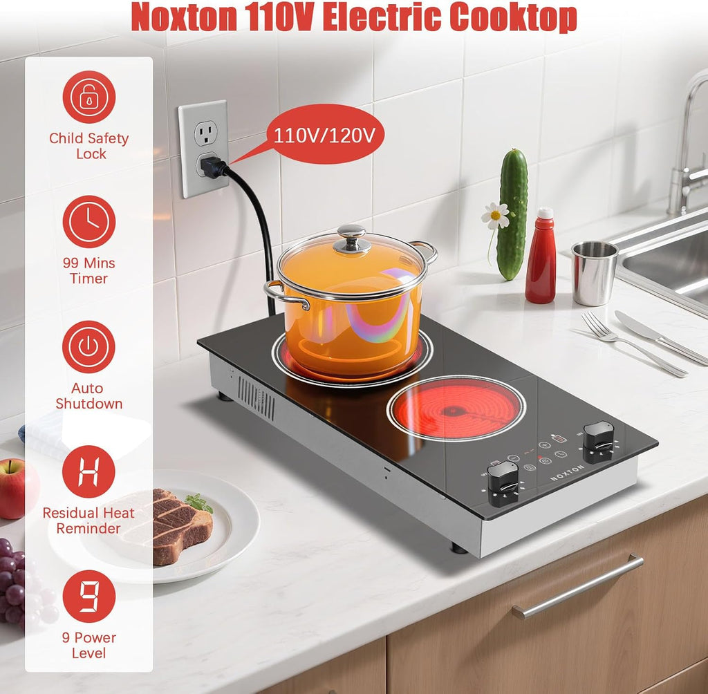 Noxton 2 Burners Electric Cooktop, 12 Inch 110V Radiant Ceramic Stove with Knob & Touch Control, 2000W Built-in or Countertop Electric Hot Plate, Timer, Child Lock, Residual Heat Indicator(YS)