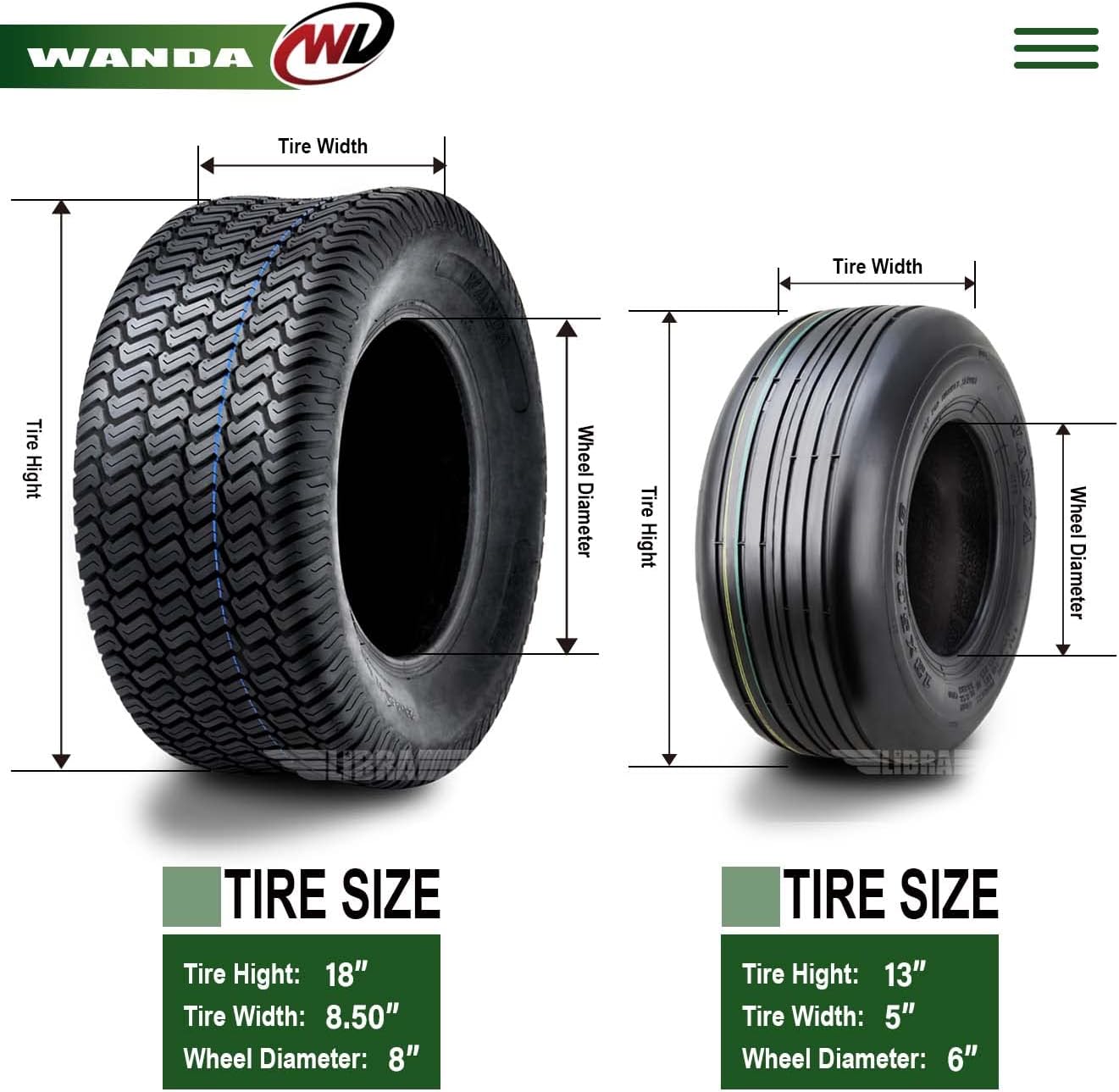WANDA Set 4 Zero-Turn Lawn Mower Turf Tires 13x5-6 Front & 18X8.5-8 Rear /4PR -13080/13028