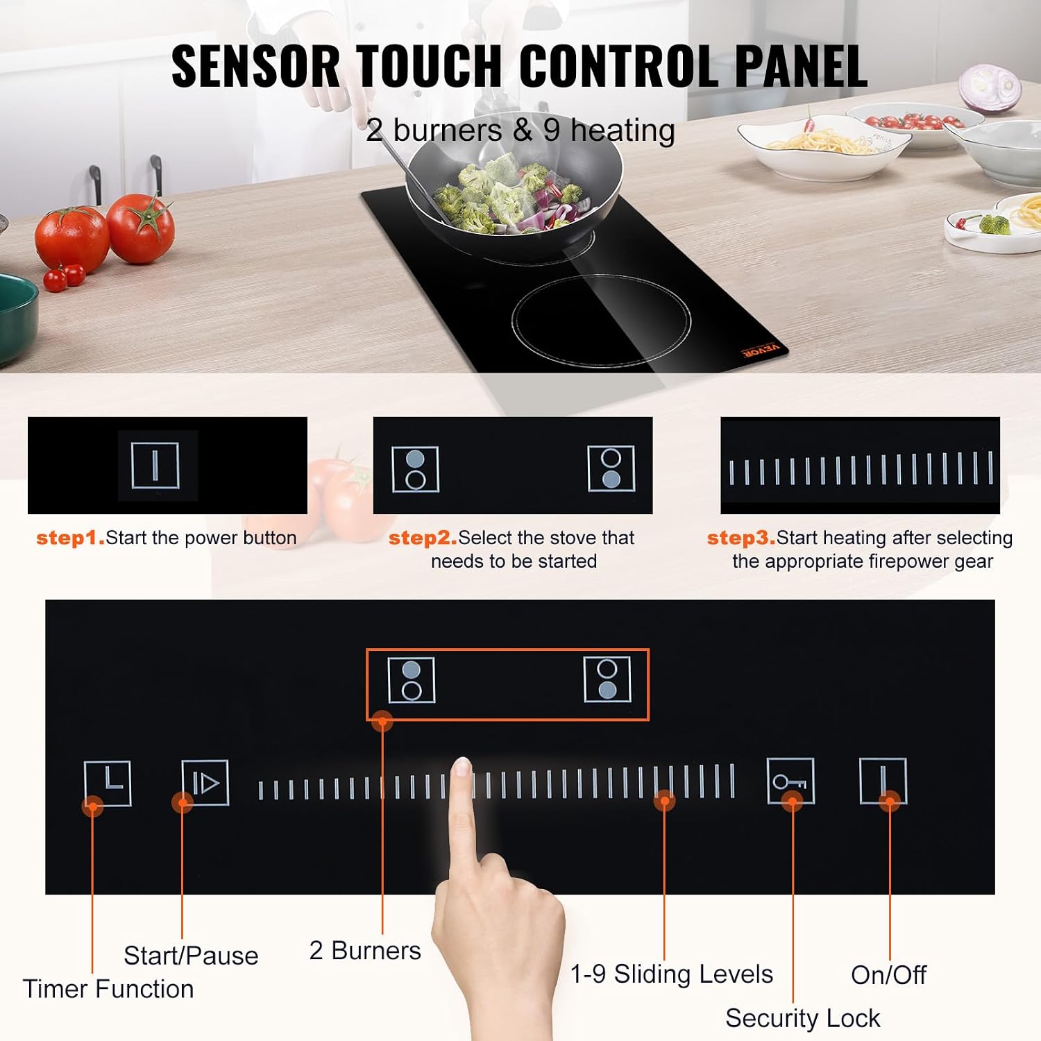 VEVOR Built in Electric Stove Top, 12 inch 2 Burners Ceramic Cooktop, Glass Radiant Cooktop with Sensor Touch Control, Timer & Child Lock Included, 9 Power Levels for Simmer Steam Slow Cook Fry,110V