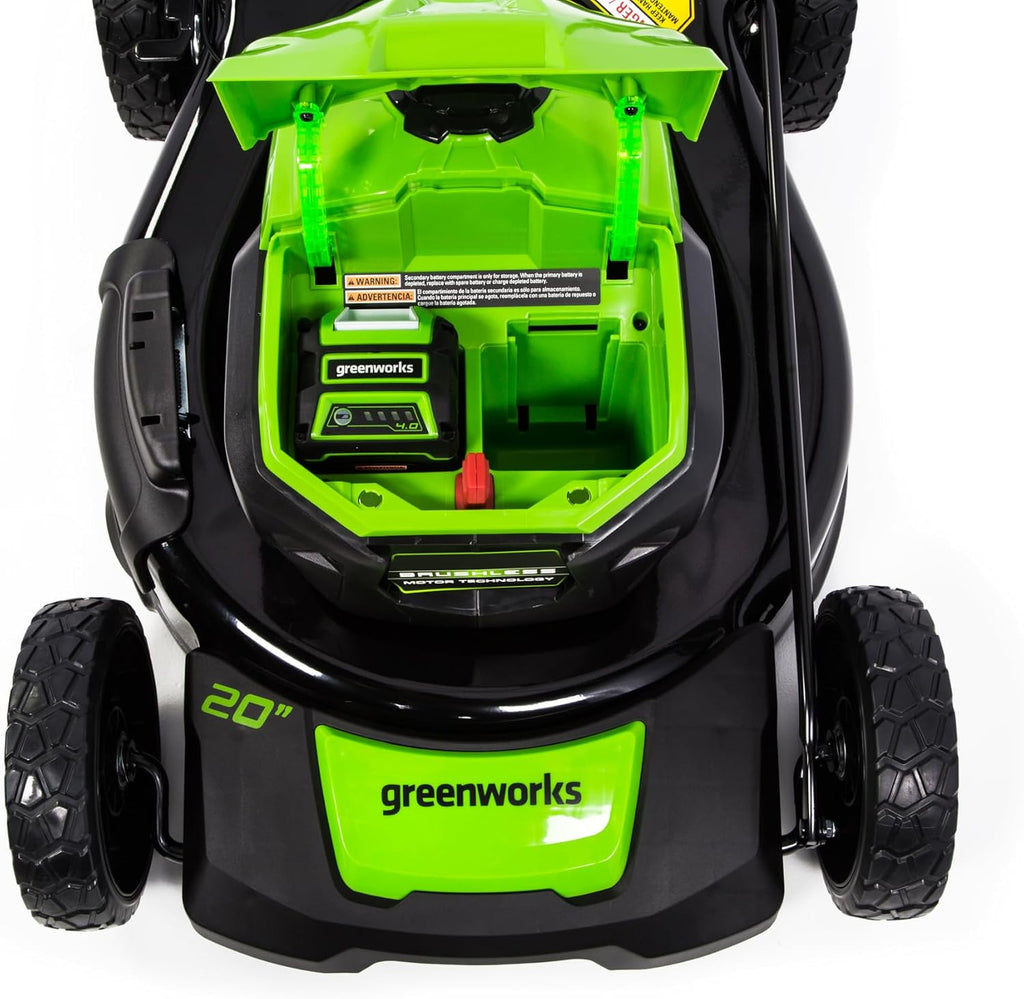 Greenworks 40V 20' Cordless Push Lawn Mower with Axial Leaf Blower(500 CFM / 120 MPH), 12' String Trimmer, 160 PSI Portable Tire Inflator, Includes 2 Batteries(5Ah+2Ah) & Chargers