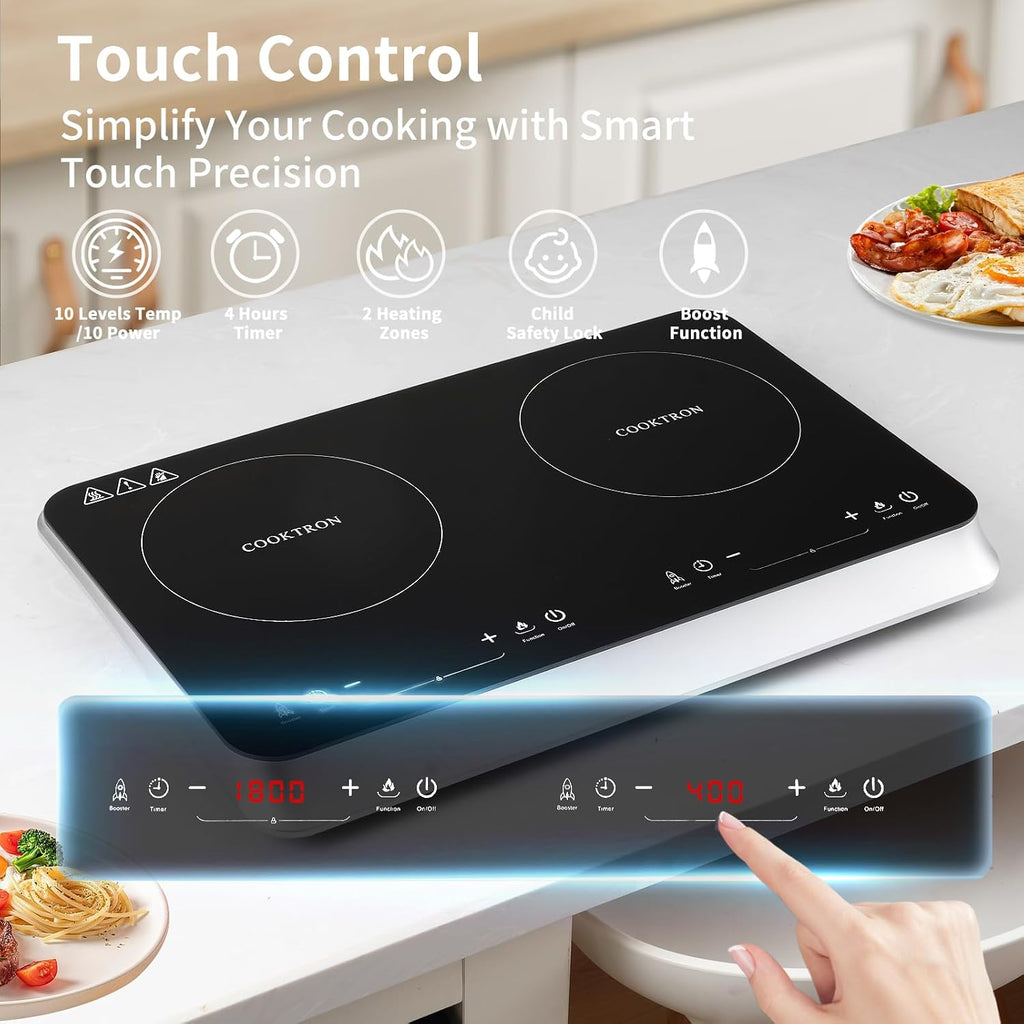 COOKTRON Double Induction Cooktop Burner with Fast Warm-Up Mode, 1800w 2 Burner with 10 Temperature 9 Power Settings, Portable Dual Induction Cooker Cooktop with Child Safety Lock & Time