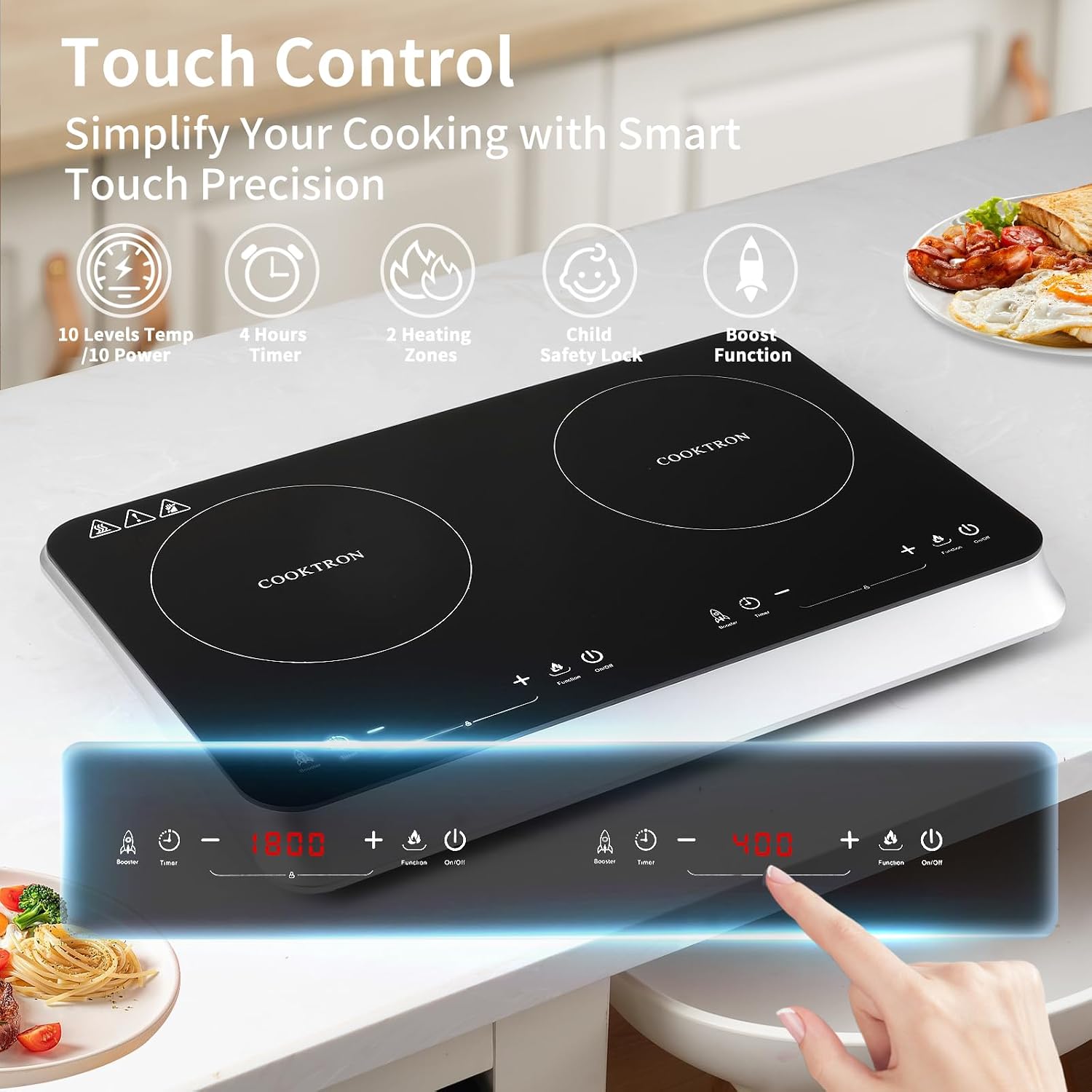 COOKTRON Double Induction Cooktop Burner with Fast Warm-Up Mode, 1800w 2 Burner with 10 Temperature 9 Power Settings, Portable Dual Induction Cooker Cooktop with Child Safety Lock & Time
