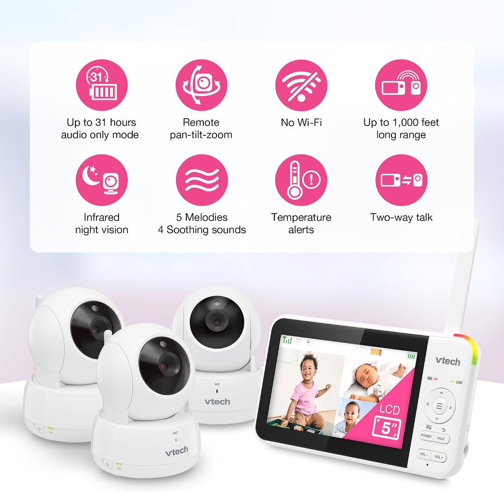 VTech VM924-3 5' Pan Tilt Zoom Video Baby Monitor with 3 Cameras – No WiFi, 17Hr Battery, 1000ft Range, Night Vision & Lullabies – Ideal for New Parents