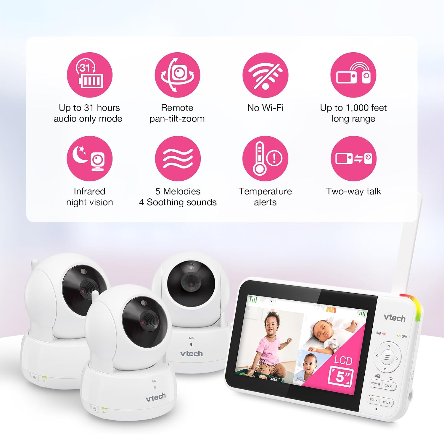 VTech VM924-3 5' Pan Tilt Zoom Video Baby Monitor with 3 Cameras – No WiFi, 17Hr Battery, 1000ft Range, Night Vision & Lullabies – Ideal for New Parents