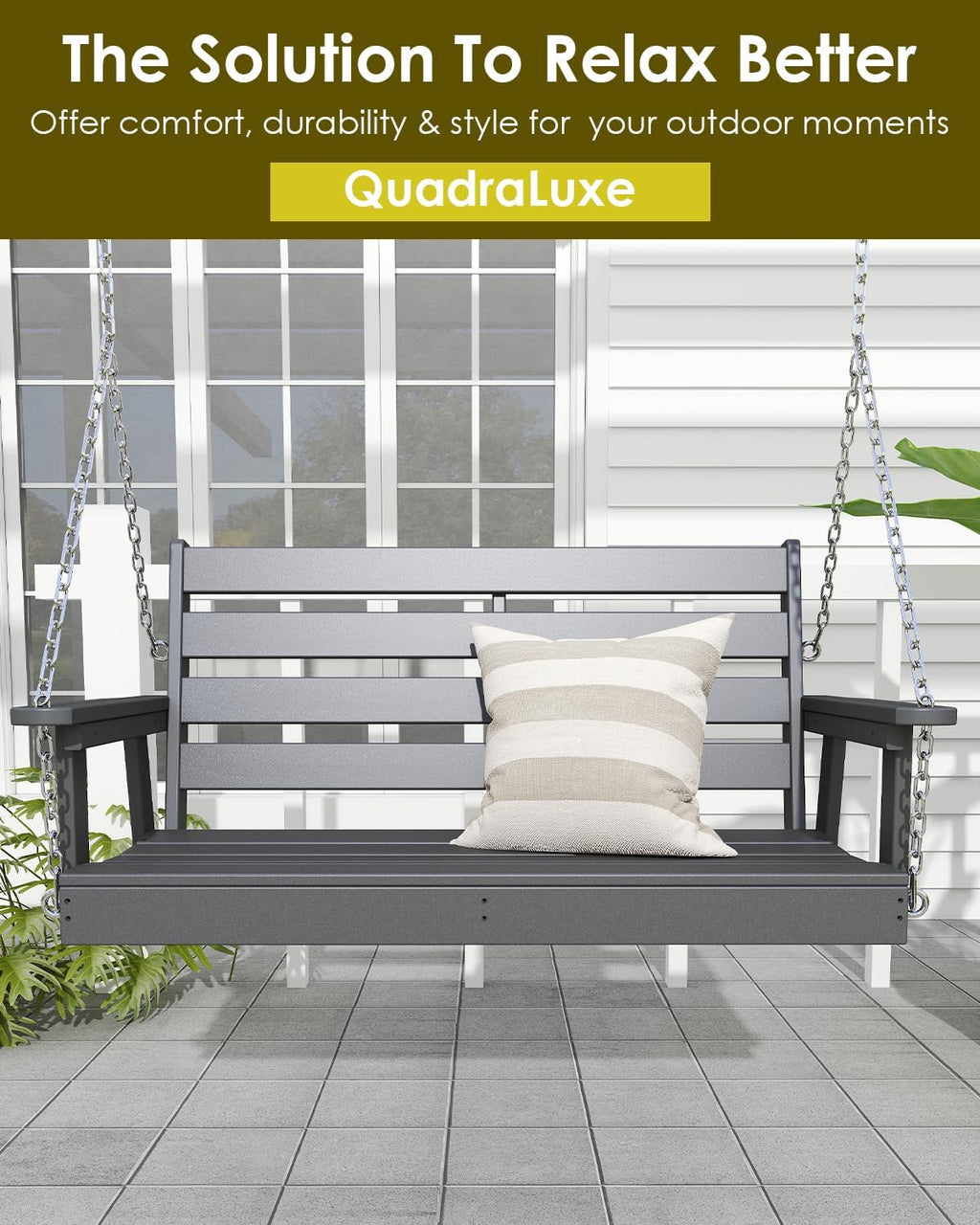 GREENVINES Porch Swing | 51'' | HDPE Plastic | for Outdoor Patio | All Weather | Waterproof Bench Swings | w/ 4 Stainless Steel Chains | Grey