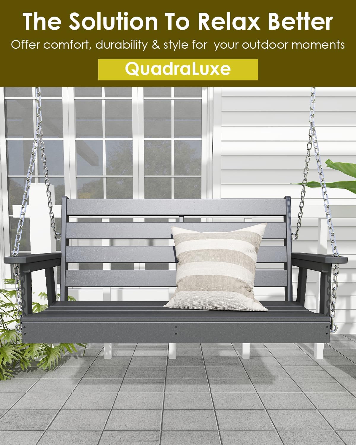 GREENVINES Porch Swing | 51'' | HDPE Plastic | for Outdoor Patio | All Weather | Waterproof Bench Swings | w/ 4 Stainless Steel Chains | Grey