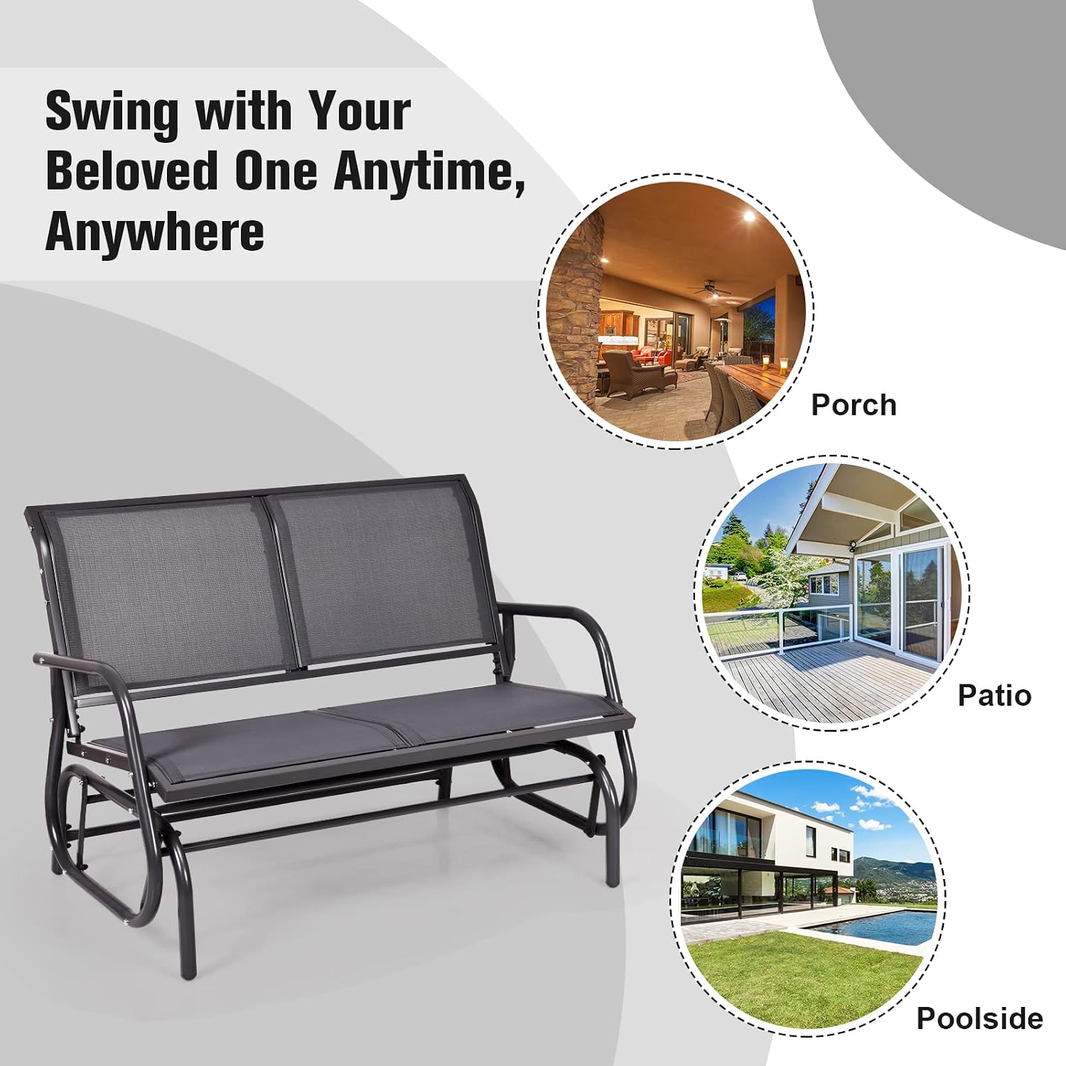 Tangkula 2 Person Patio Glider, Outdoor Swing Bench, Rocker Glider Loveseat Chair with Heavy-Duty Steel Frame, Breathable Seat Fabric, Rocking Lounge Chair for Poolside, Garden, Backyard, Porch (Gray)