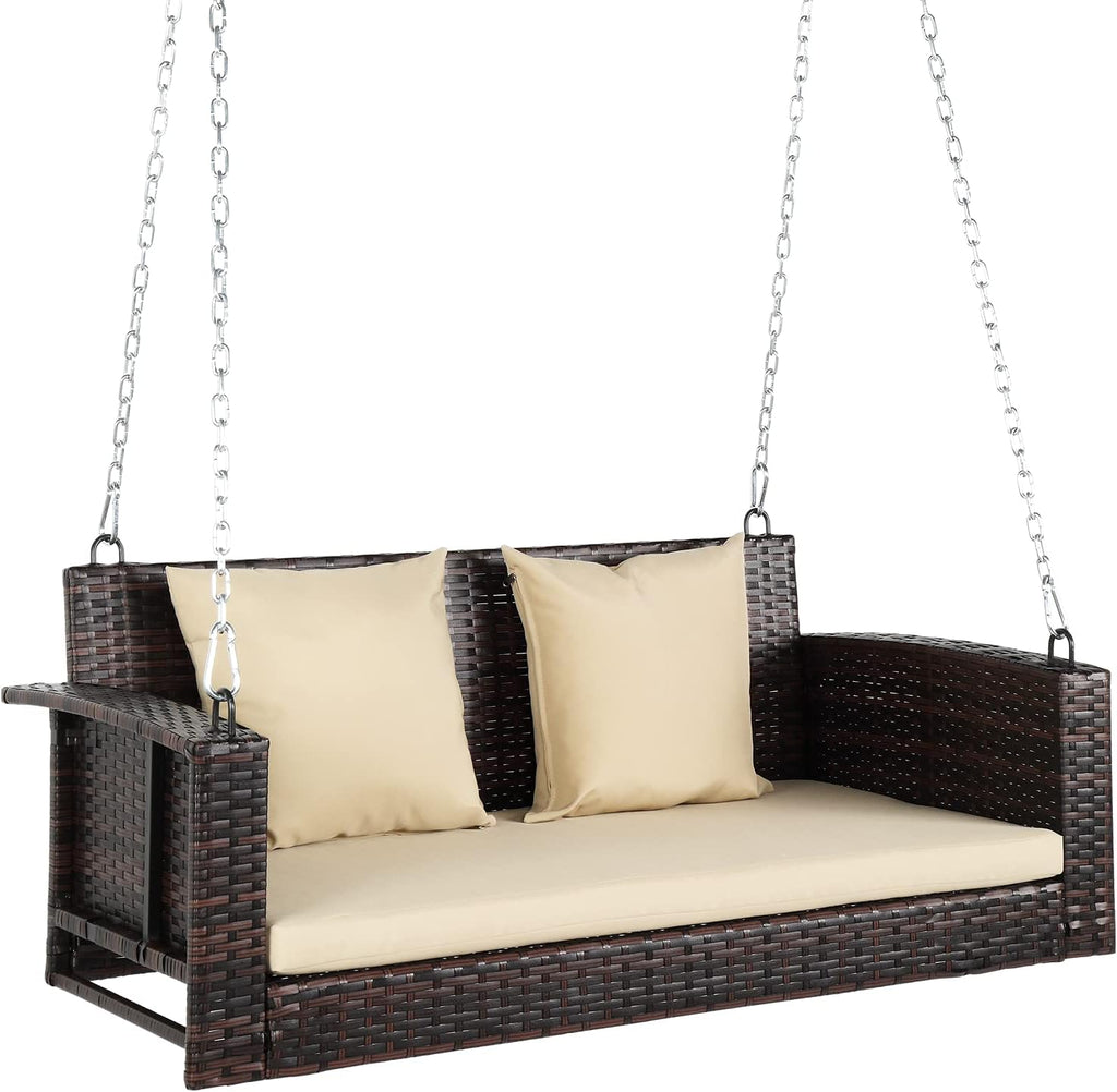 VINGLI Rattan Porch Swing, Heavy Duty 800 LBS Outdoor Hanging Seat with Extra Cushion and Adjustable Chain, the Porch Swing Seat Made by Wicker Suits for Garden, Yard, Lawn (Brown, 4 FT)
