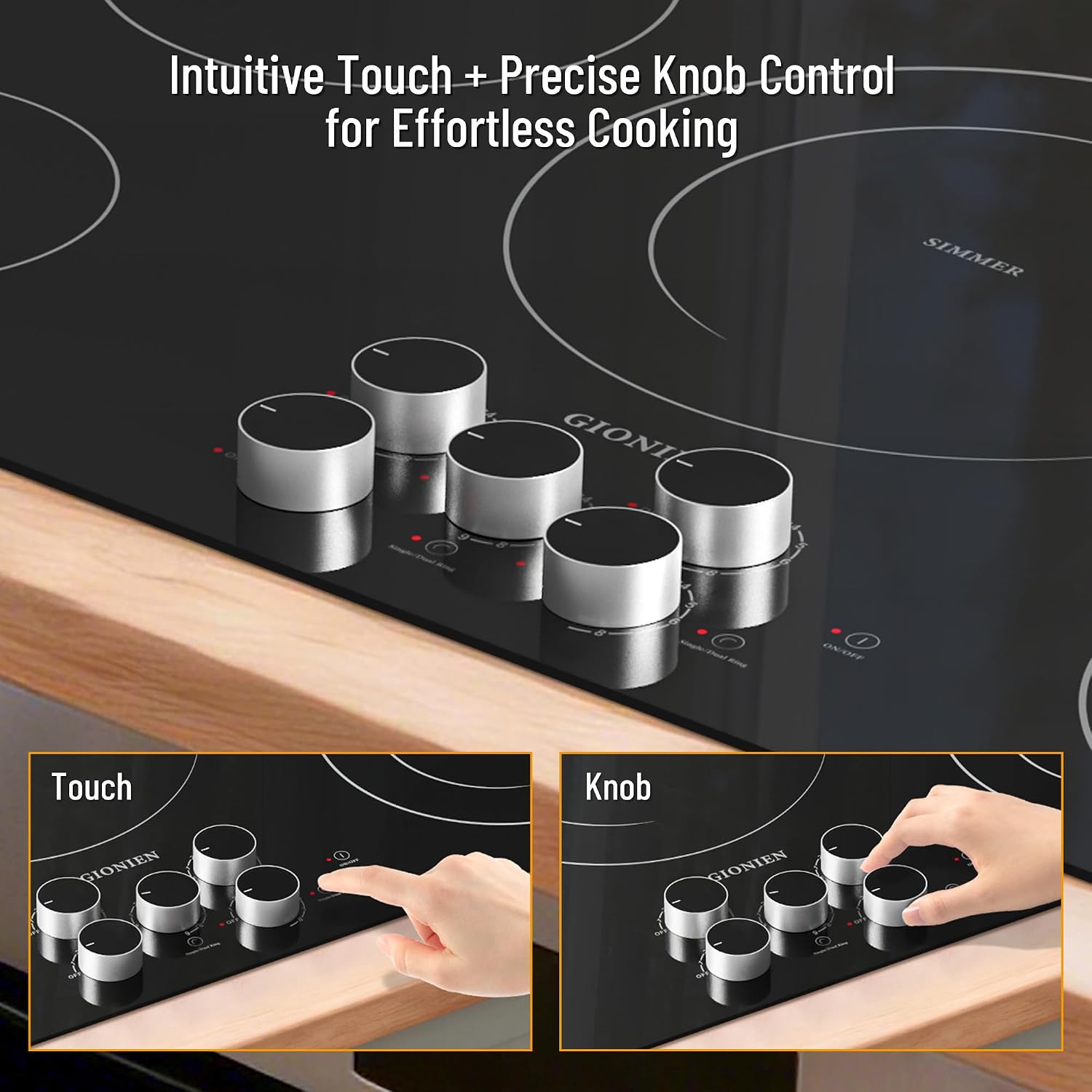 Electric Cooktop 36 Inch 240V,Built-in Electric Stove Top 5 Burners,Knob & Touch Control,9 Power Levels, 500W Warmer,Multiple Safety Protection,Dual-ring Burner,9000W,Hard Wire