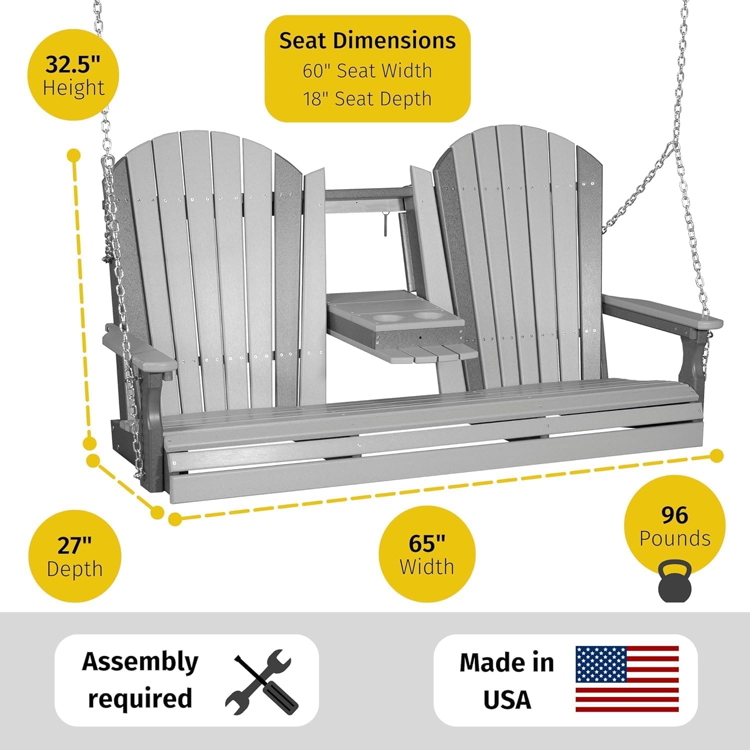 LuxCraft 5' Adirondack Hanging Front Porch Swing with Flip Down Console, Seats Up to 3, Outdoor Patio Swing Bench for Outside (Aruba Blue/White)