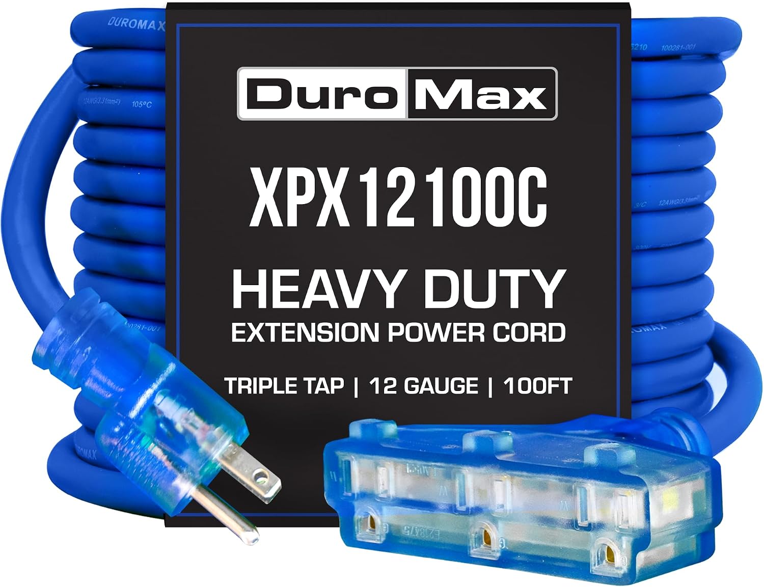 DuroMax XPX12100C Heavy Duty SJEOOW 100-Foot 12 Gauge Blue Triple Tap Lighted Extension Power Cord
