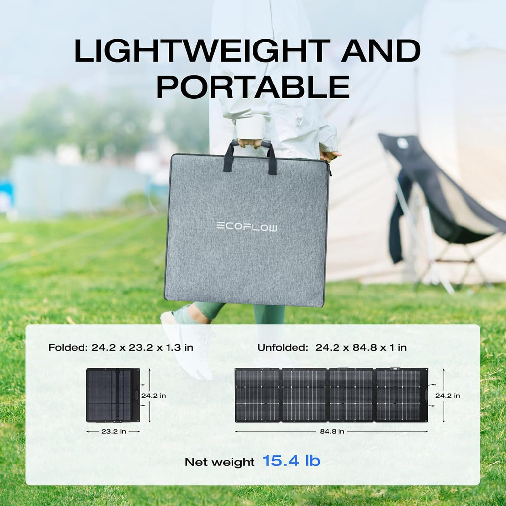 EF ECOFLOW 220W Portable Solar Panel, Bifacial Design Up to 25% Conversion Efficiency N-Type Solar Cell, with Adjustable Kickstand, IP68 Waterproof, Foldable Solar Panel for Camping RVing Home Backup