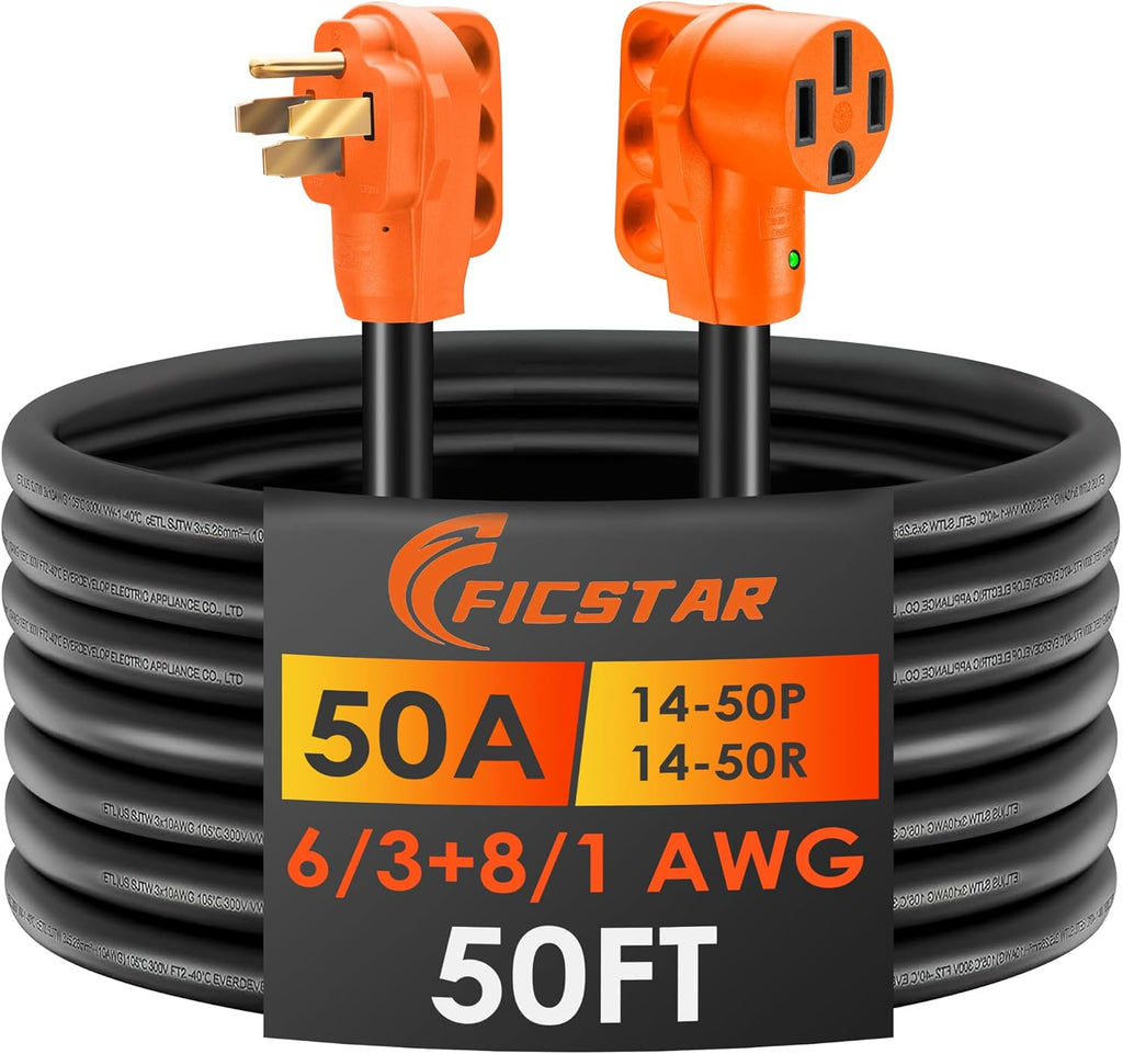 50FT 50 Amp RV Extension Cord Outdoor with Grip Handle,125/250V,12500W, 4 Prong, Heavy Duty 6/3+8/1 Gauge STW,NEMA 14-50P to 14-50R with LED Power Indicator & Polarity Lamp, UL&ETL Listed