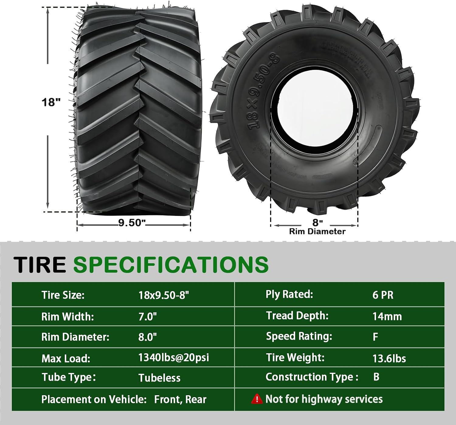 TRIPOWER 18x9.50-8 Lawn Mower Tires - 18x9.50-8 nhs Tubeless Tires for Riding Lawn Mower Garden AG Tractor, Workout Tire for Flipping, Drouble, 6PR Tubeless, 1340lbs Capacity, Set of 2, Tire Only