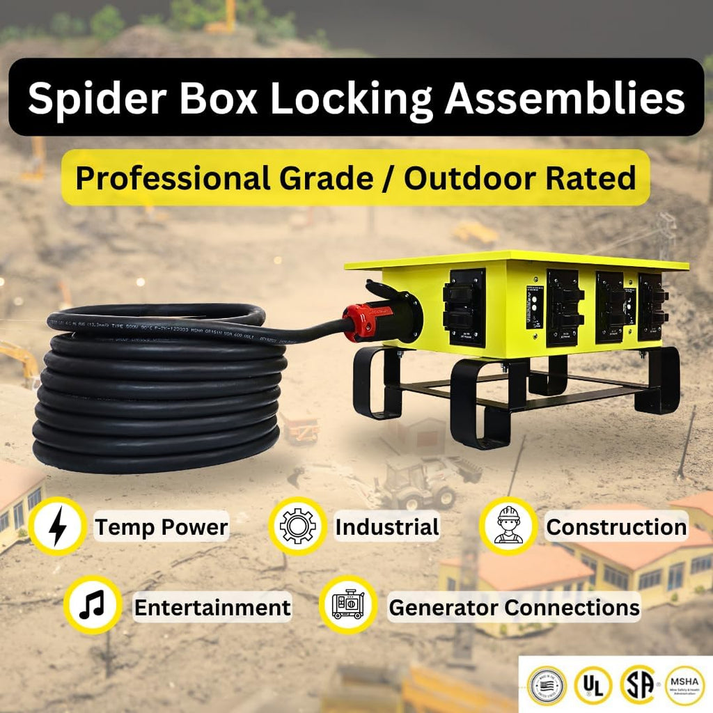 Spider Box Twist-Lock Generator Power Extension Cord, 50 Amp, 125/250V, SOOW Cable Type, Gauge 6/4, Professional-Grade Outdoor California Standard Locking Extensions, 25' Long, Black