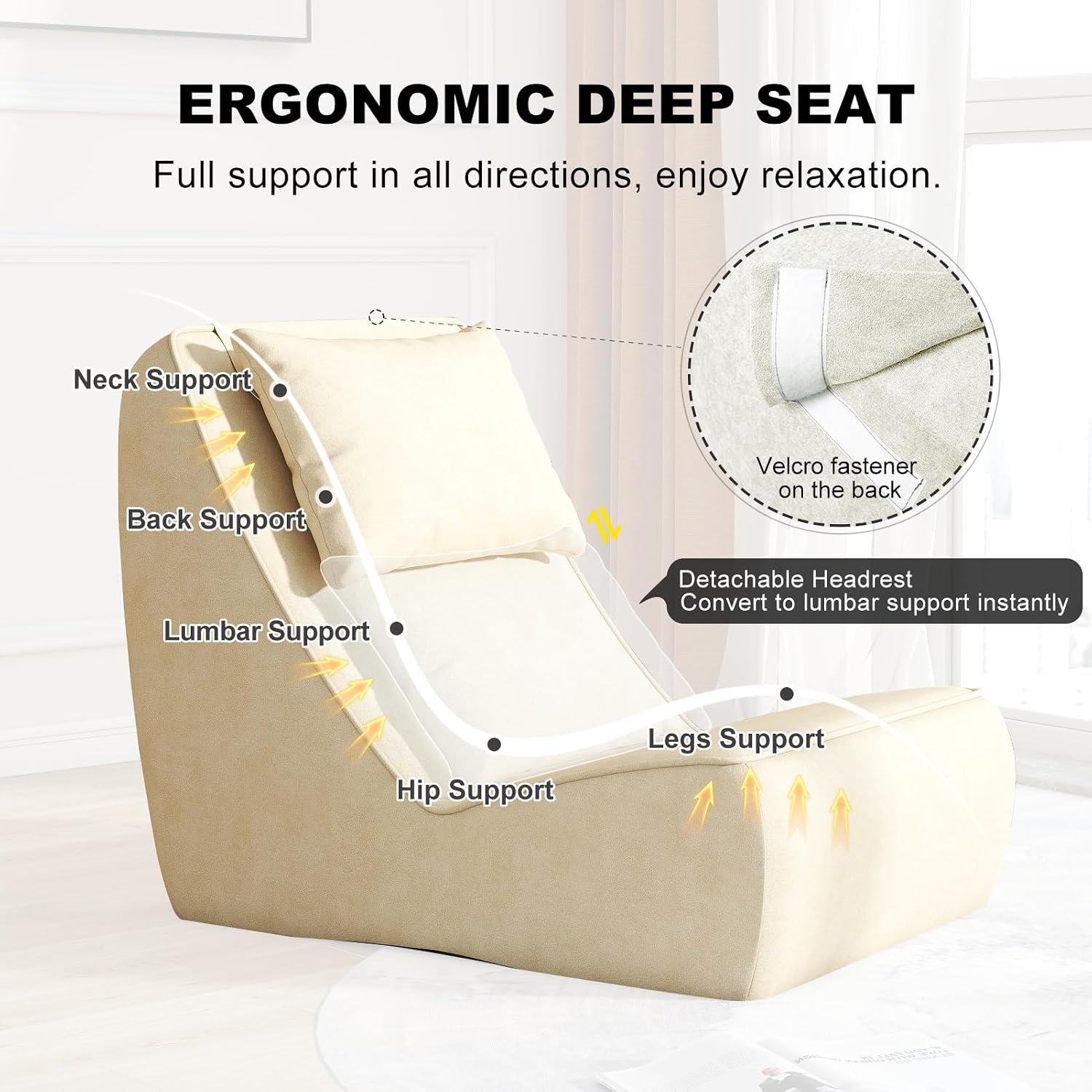 Giant Bean Bag Chair for Adults - Indoor Chaise Lounge with Neck Pillow & Ottoman, All-in-One Sponge Design, Comfy Floor Chair for Reading, Gaming, Napping, and Movies (Khaki)