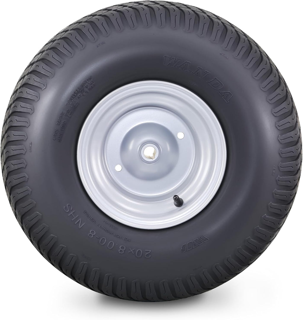WANDA Lawn Mower Tractor Tire & Wheel 20X8-8 Turf with 3/4' Bushing 3/16' Keyway 3-1/2' offset Hub Silver Wheel-13035,PK2