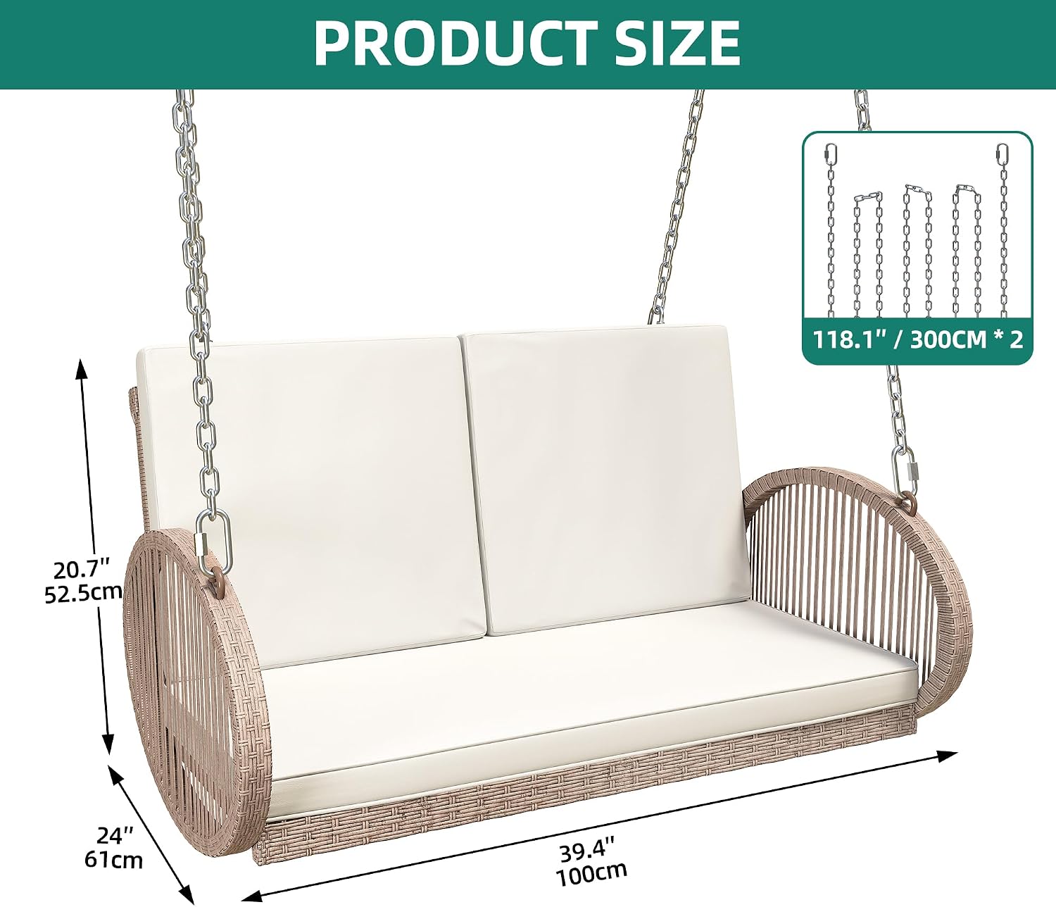 YITAHOME Hanging Porch Swing Chair Sits 2 People, Beige
