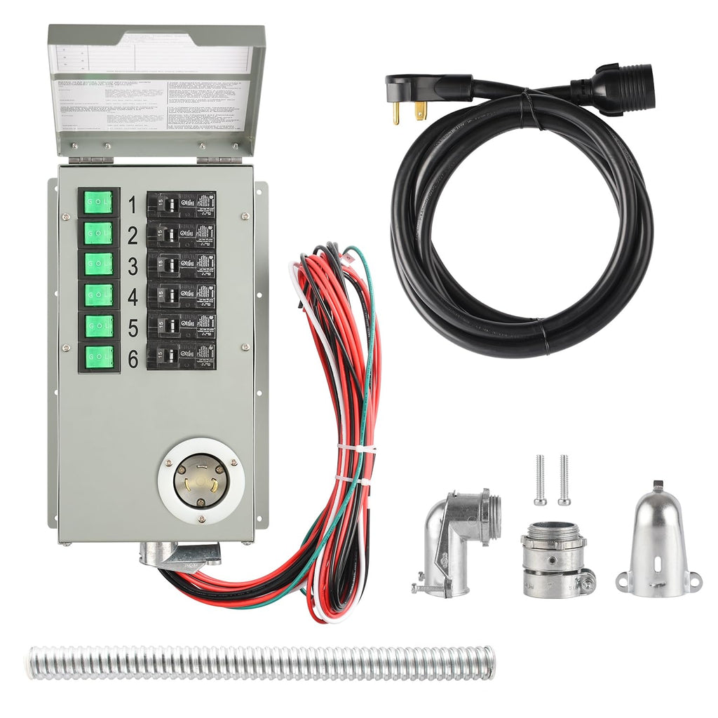 Nature's Generator Transfer Switch 6 Circuits 120V 30A Non-Automatic Power Transfer Kit(Indoor)+ 30A (NEMA TT-30R) to 15A (NEMA 5-15P) Adapter