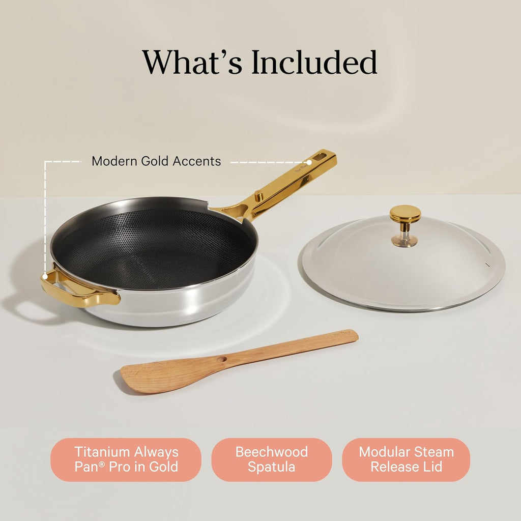 Our Place Titanium Always Pan Pro - 10.6' (2.8 Qt) No-Coating Nonstick Skillet | Tri-Ply Titanium & Stainless Steel | Safe for Oven, Induction & All Cooktops up to 750°F | Includes Spatula | Gold