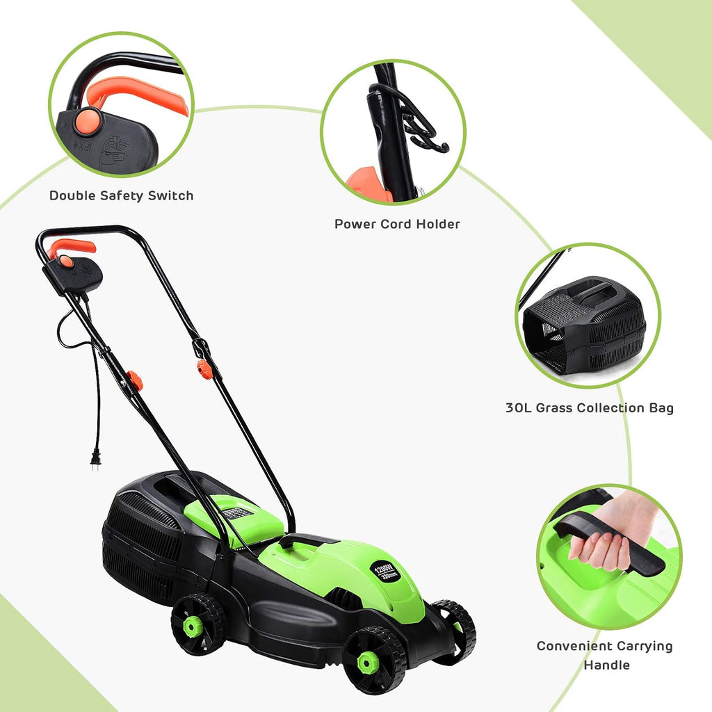 Happygrill Lawn Mower 13-Inch Electric Lawn Mower, Handle Push Corded Lawn Mowers with Grass Bag, Folding Handle, Adjustable Cutting Height for Garden Yard, 12 Amp,Green