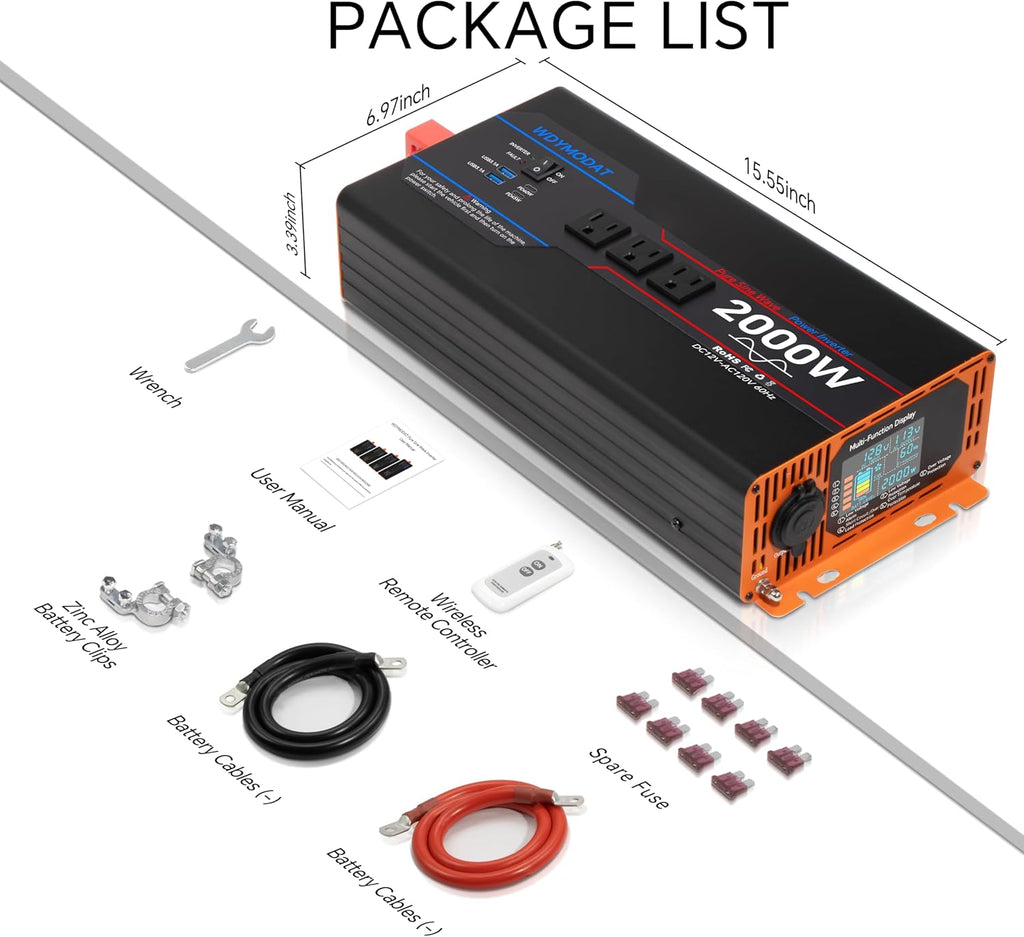 2000W Pure Sine Wave Inverter, Car Power Inverter 12V to 110V 120V, DC to AC Converter Generator with AC Outlets 3.0A USB Type-C, Remote Controller LCD Display Truck Inversor for Vehicles, RV