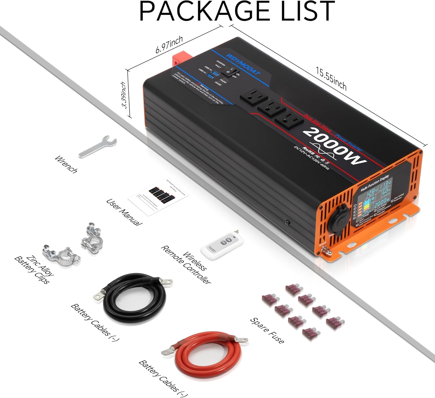 2000W Pure Sine Wave Inverter, Car Power Inverter 12V to 110V 120V, DC to AC Converter Generator with AC Outlets 3.0A USB Type-C, Remote Controller LCD Display Truck Inversor for Vehicles, RV