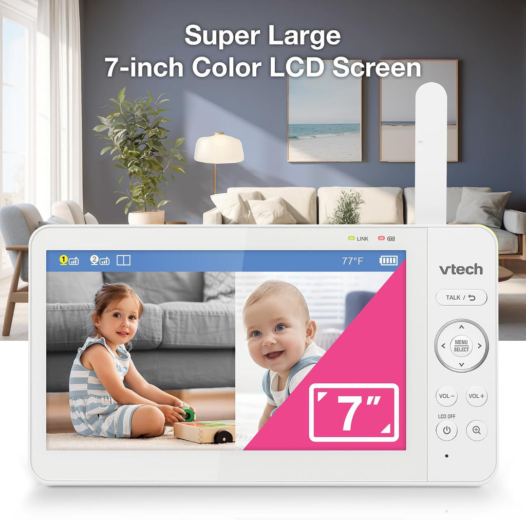 VTech 2-Cameras Video Baby Monitor with 7' Color LCD Screen, Rechargeable Battery, Video and Audio Streaming, Pan-Tilt-Zoom, Touch Multi-Color Night Light, Two-Way Talk: Advanced Max Twin (Blue)