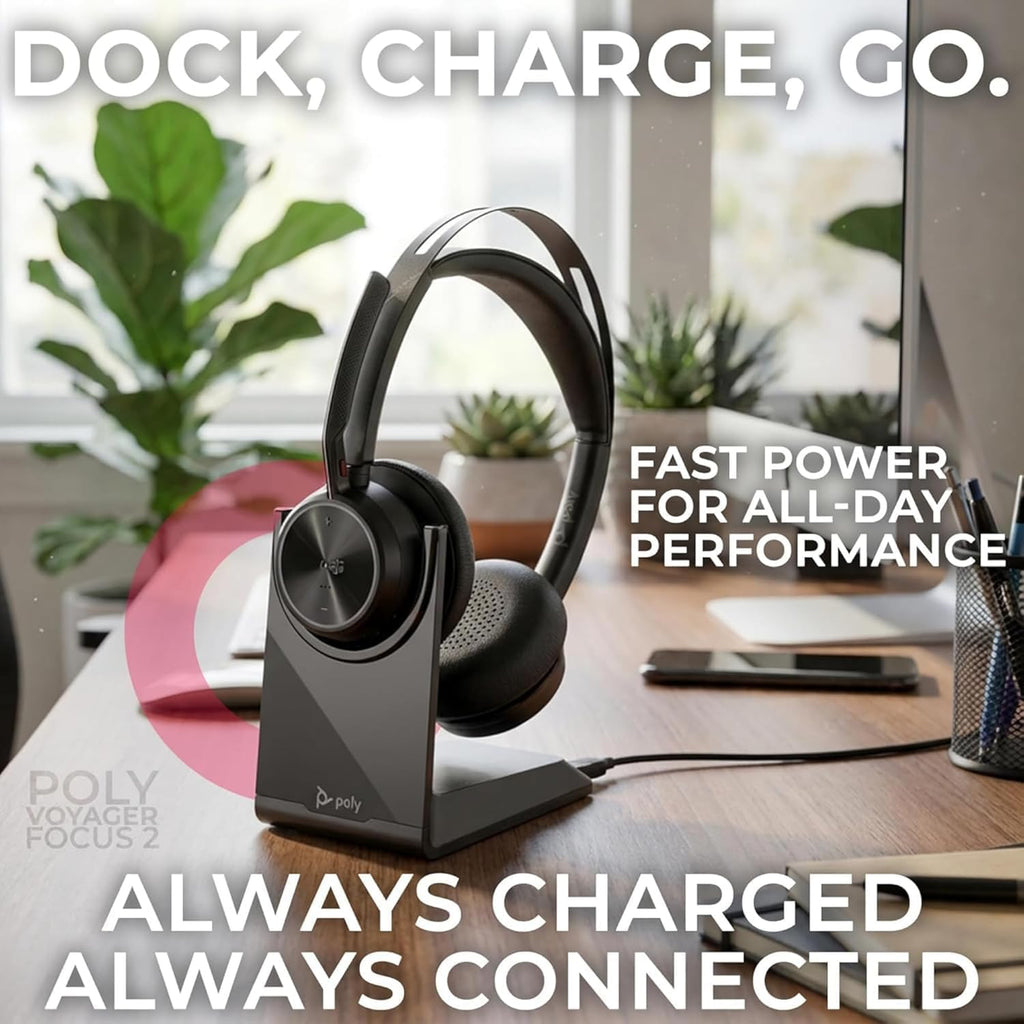 Plantronics Poly Voyager Focus 2 MS Wireless Headphones with Headset Stand, Compatible for Teams, Phones Calls, Zoom, Noise Cancelling Wireless Headset with Mic for Work, Over The Ear, GTW Microfiber