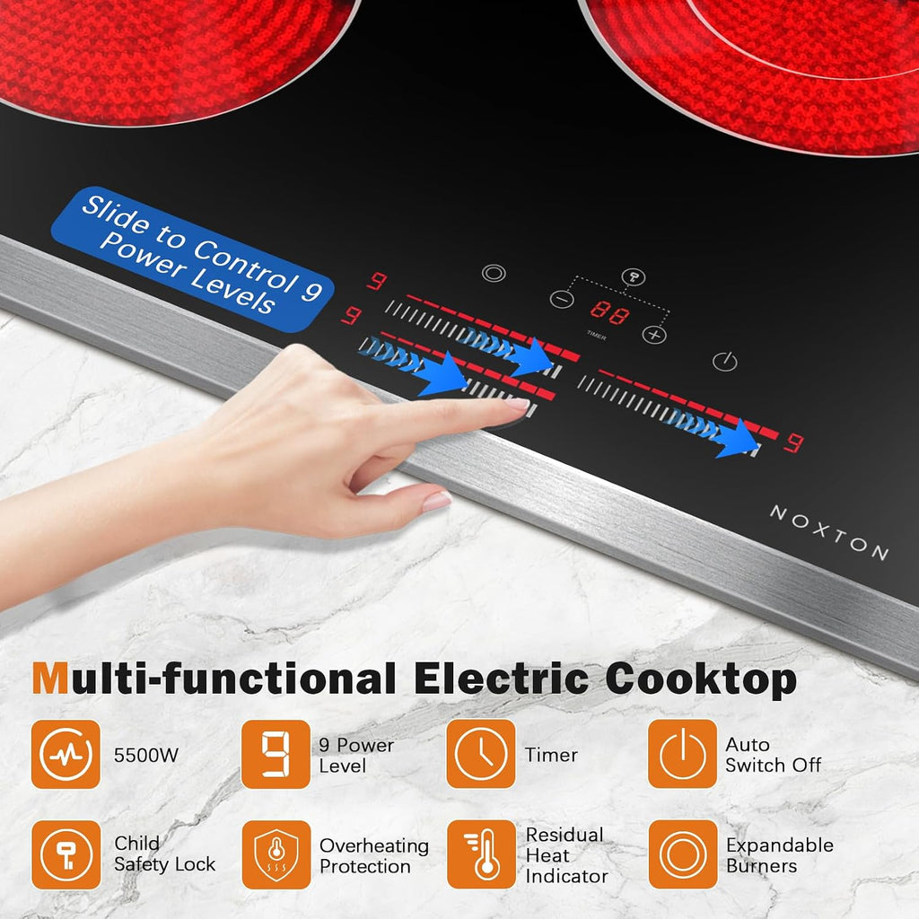 Noxton 24 Inch Electric Cooktop, 3 Burner Built-in Radiant Stove Top, Stainless Steel Frame, Dual Zone Ceramic Glass Hob, Touch Slide Control, 9 Power Levels, Timer, Child Lock, 5500W, 240V Hardwired