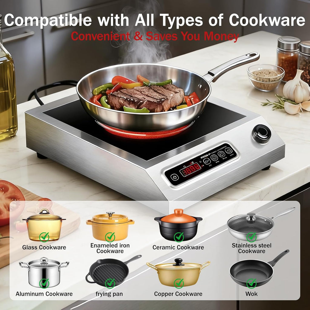 1800W Hot Plate Electric, 9 Power Levels Commercial-Grade Induction Cooktop, Portable Infrared Burner with Timer and Child Safety Lock, for Apartment, Dorm, RV and Restaurant