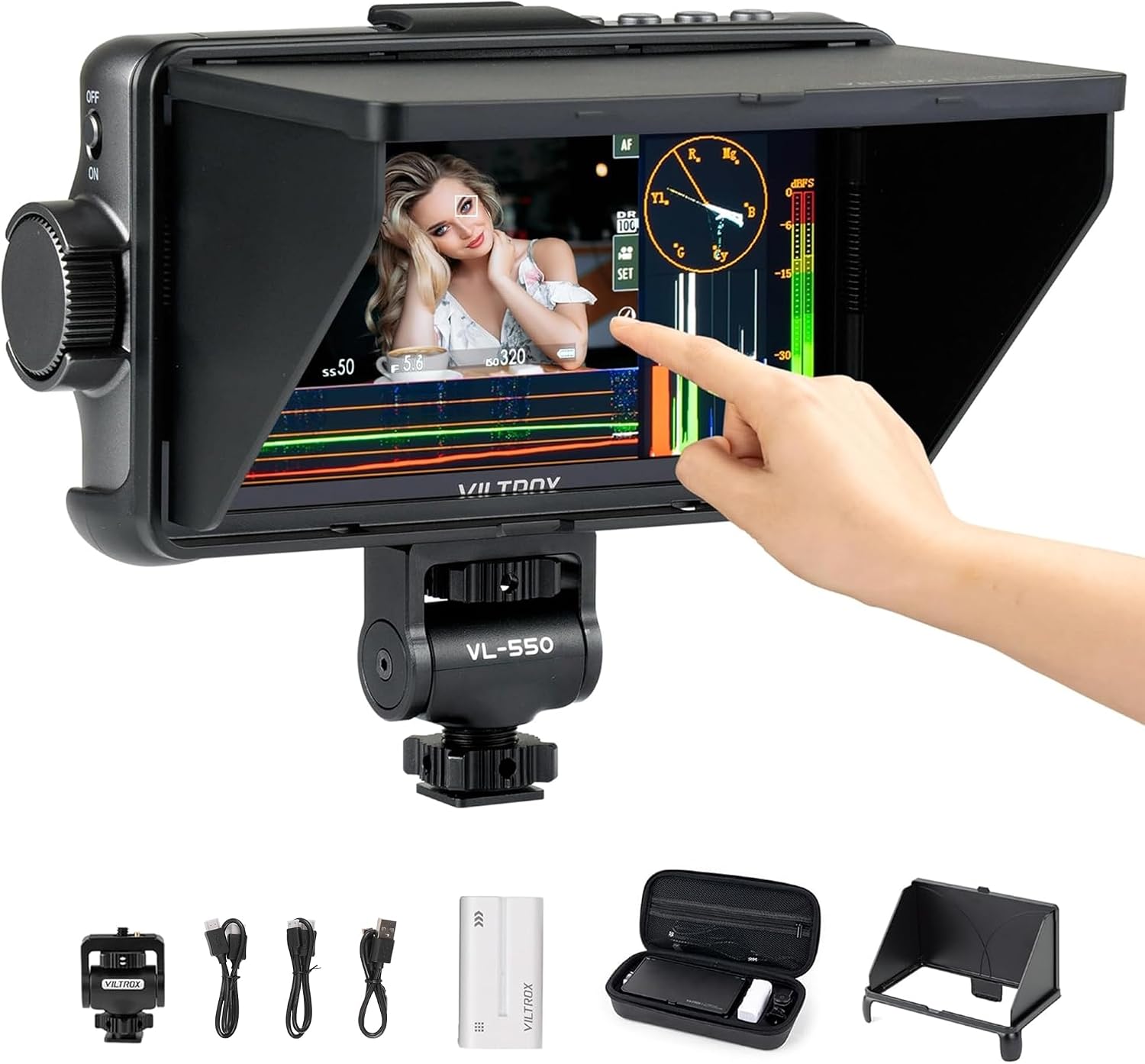 VILTROX 5.5 Inch 1200nits 4K 10bit HDMI Field Monitor, Touchscreen 3D LUT Portable Video Kit With Battery, On-Camera RGB Parade Histogram Waveform Focus Assist (DC-550 Pro)
