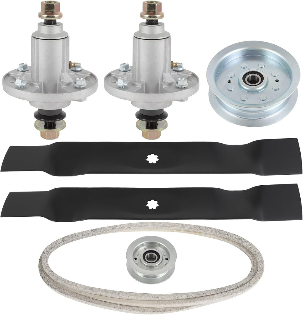 SCITOO Deck Rebuild Kit, 42 Lawn Mower Deck Parts Rebuild Kit Compatible with John Deere 100 Series 102 D105 / E100 /LA100 / X105, 1 Belt 2 Mower Blades 2 Spindle Assembly 2 Idler Pulleys