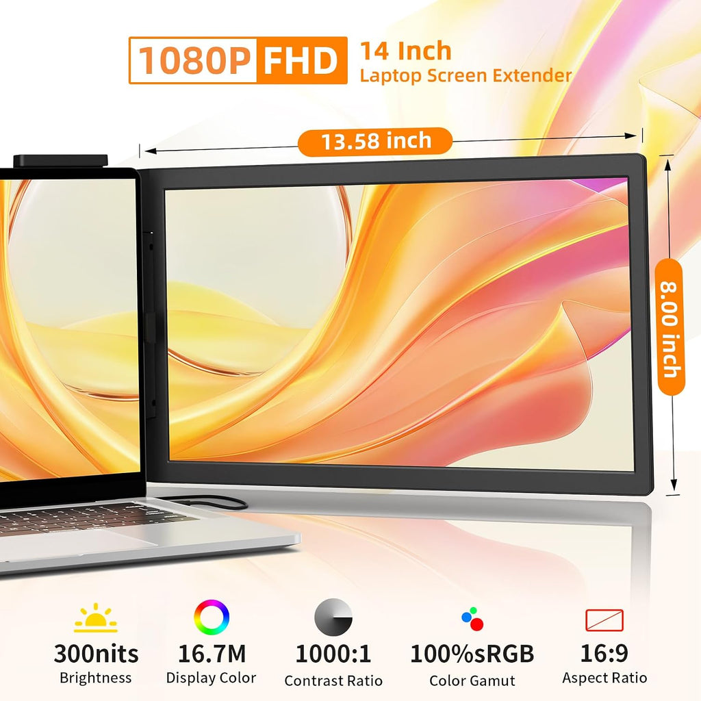 Laptop Screen Extender, 14' FHD IPS 1080P Portable Monitor for Laptop Mini HDMI/Type-C PC Display Extender Fits 14'-16.5' Laptops,Plug & Play for Windows/Mac/Android/Switch/PS5